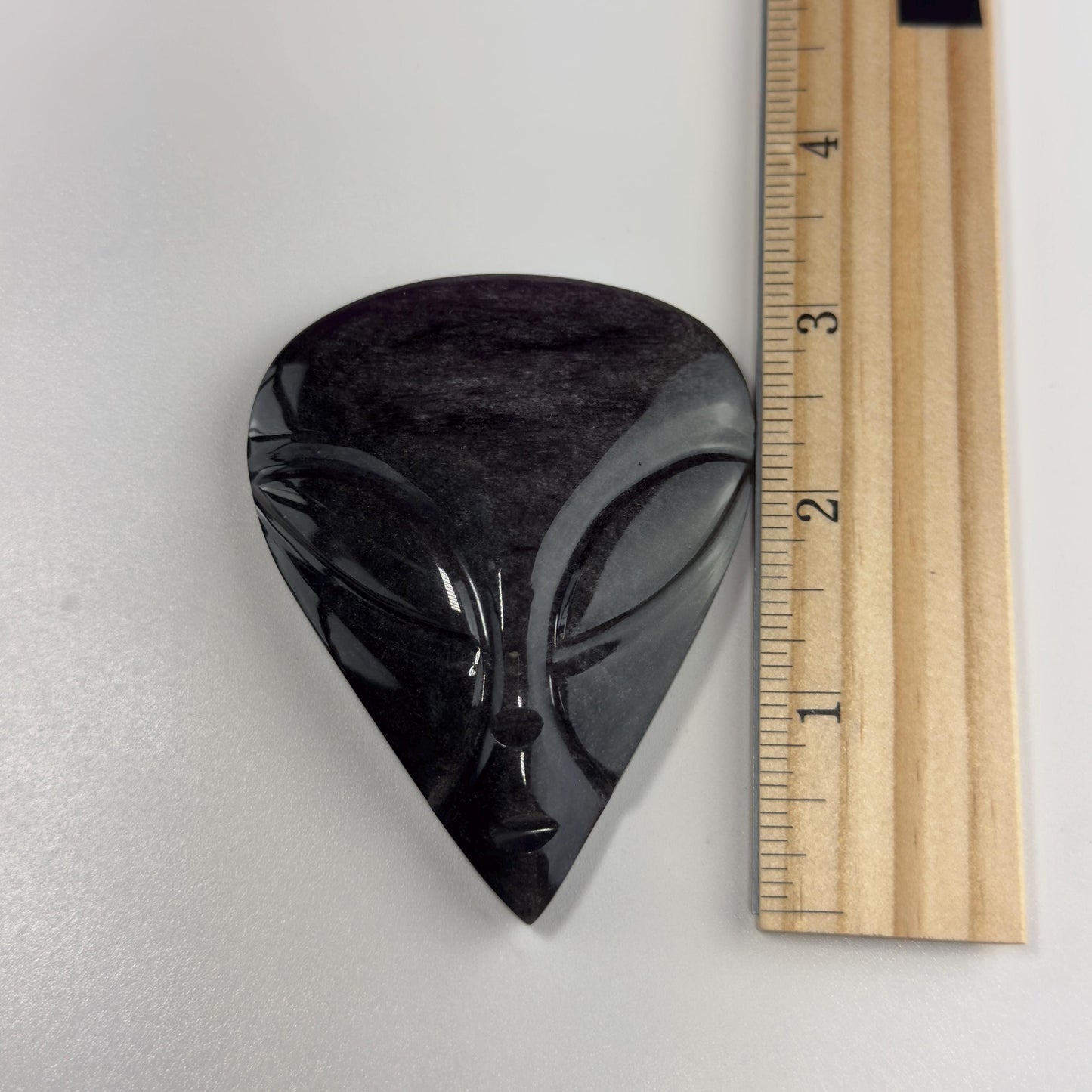 Silver Sheen Obsidian Alien Face Carving (Stand for Display Purposes Only)
