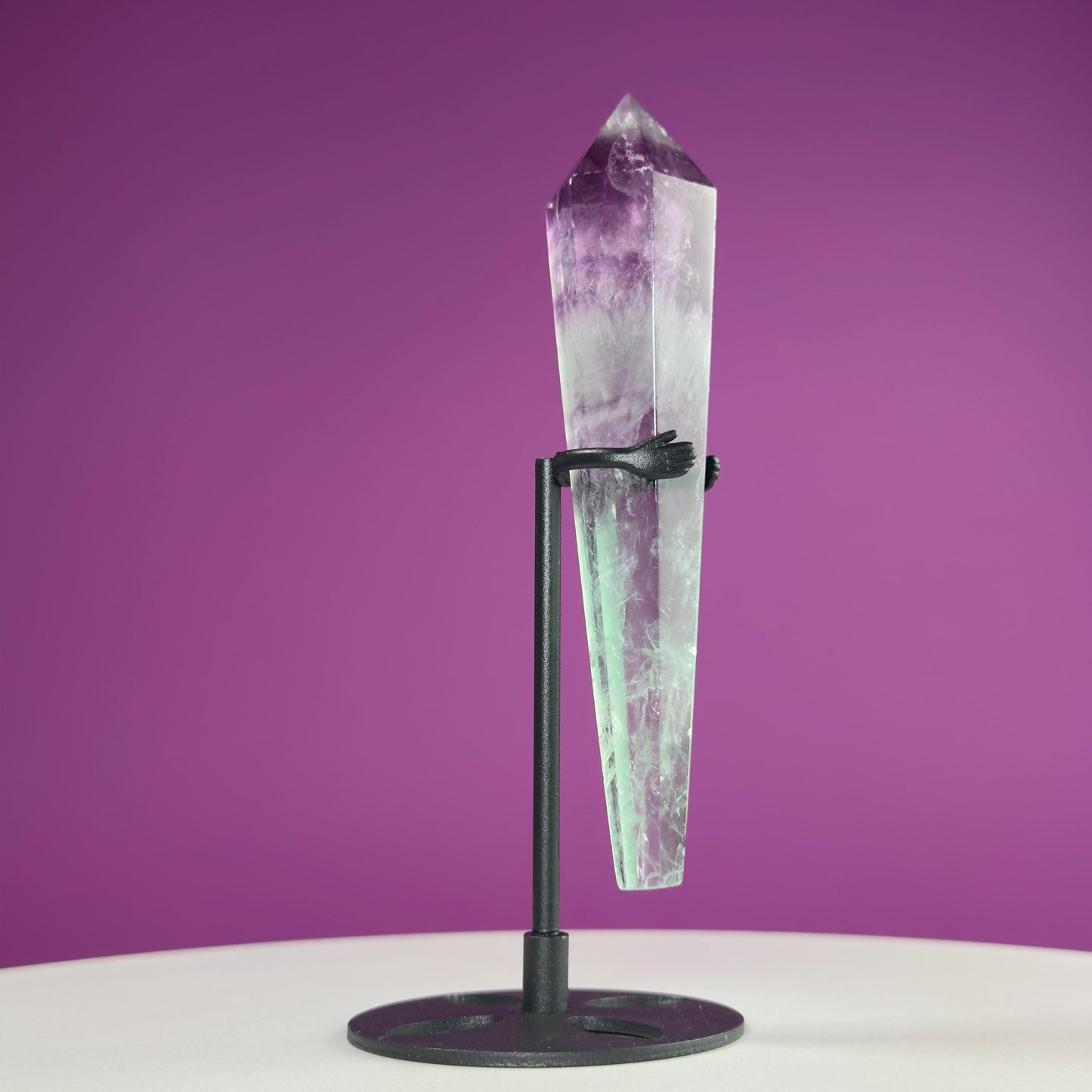 Watermelon Fluorite Scepter and Black Metal Stand, UV Reactive