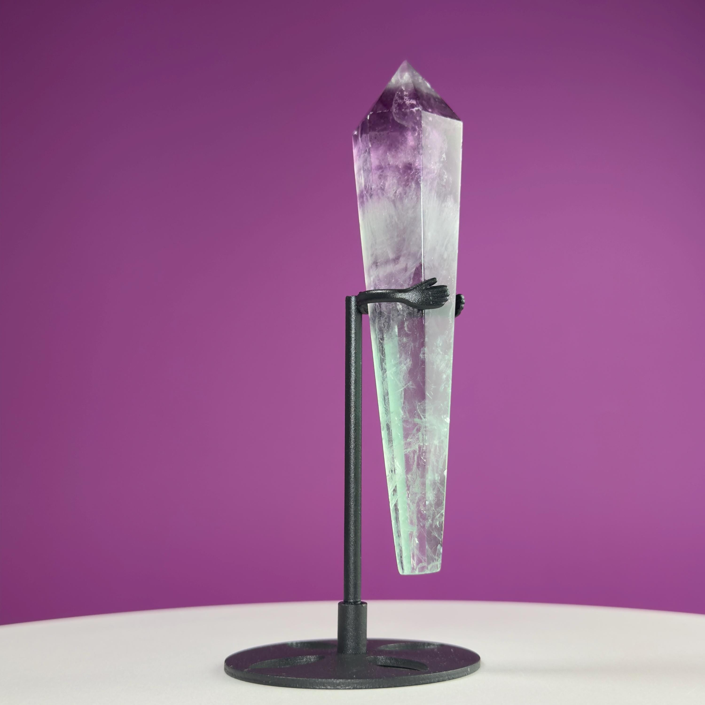 Watermelon Fluorite Scepter and Black Metal Stand, UV Reactive