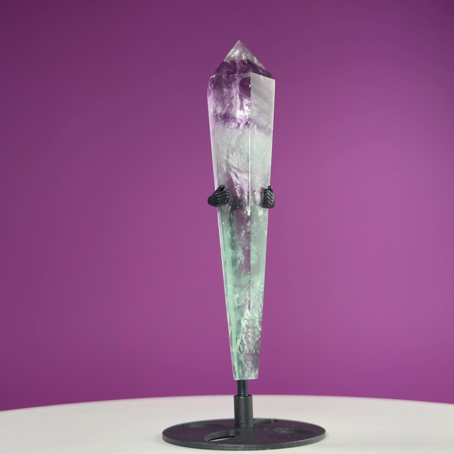 Watermelon Fluorite Scepter and Black Metal Stand, UV Reactive