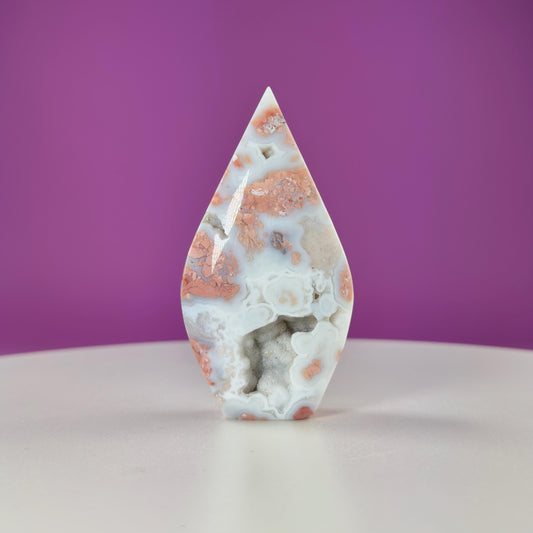 Pink Flower Agate Tear Drop with Druzy (Brazil)