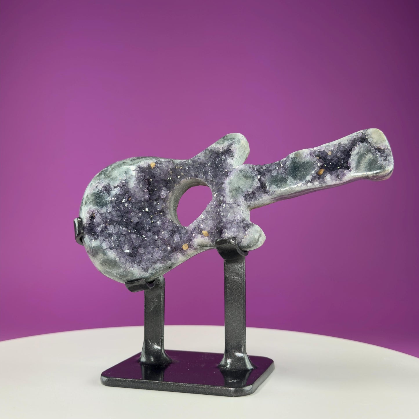 Amethyst Guitar Carving (Uruguay) (Includes Heavy Black Metal Custom Stand), Collectors Piece
