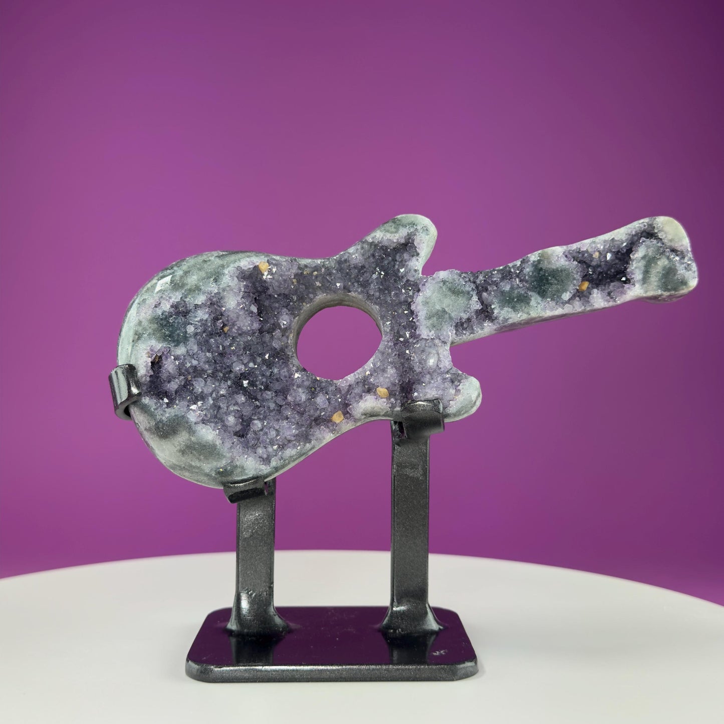 Amethyst Guitar Carving (Uruguay) (Includes Heavy Black Metal Custom Stand), Collectors Piece
