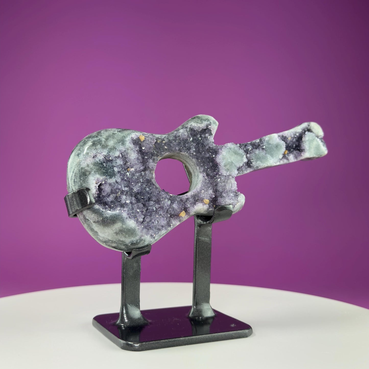 Amethyst Guitar Carving (Uruguay) (Includes Heavy Black Metal Custom Stand), Collectors Piece