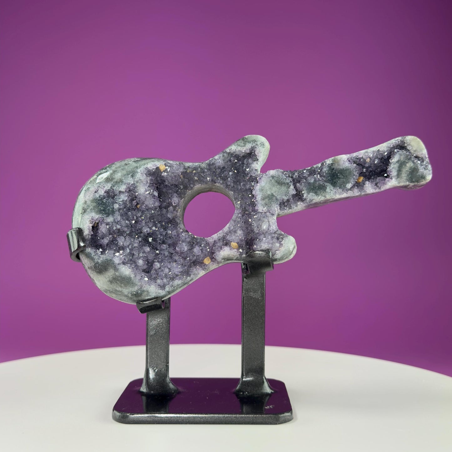 Amethyst Guitar Carving (Uruguay) (Includes Heavy Black Metal Custom Stand), Collectors Piece