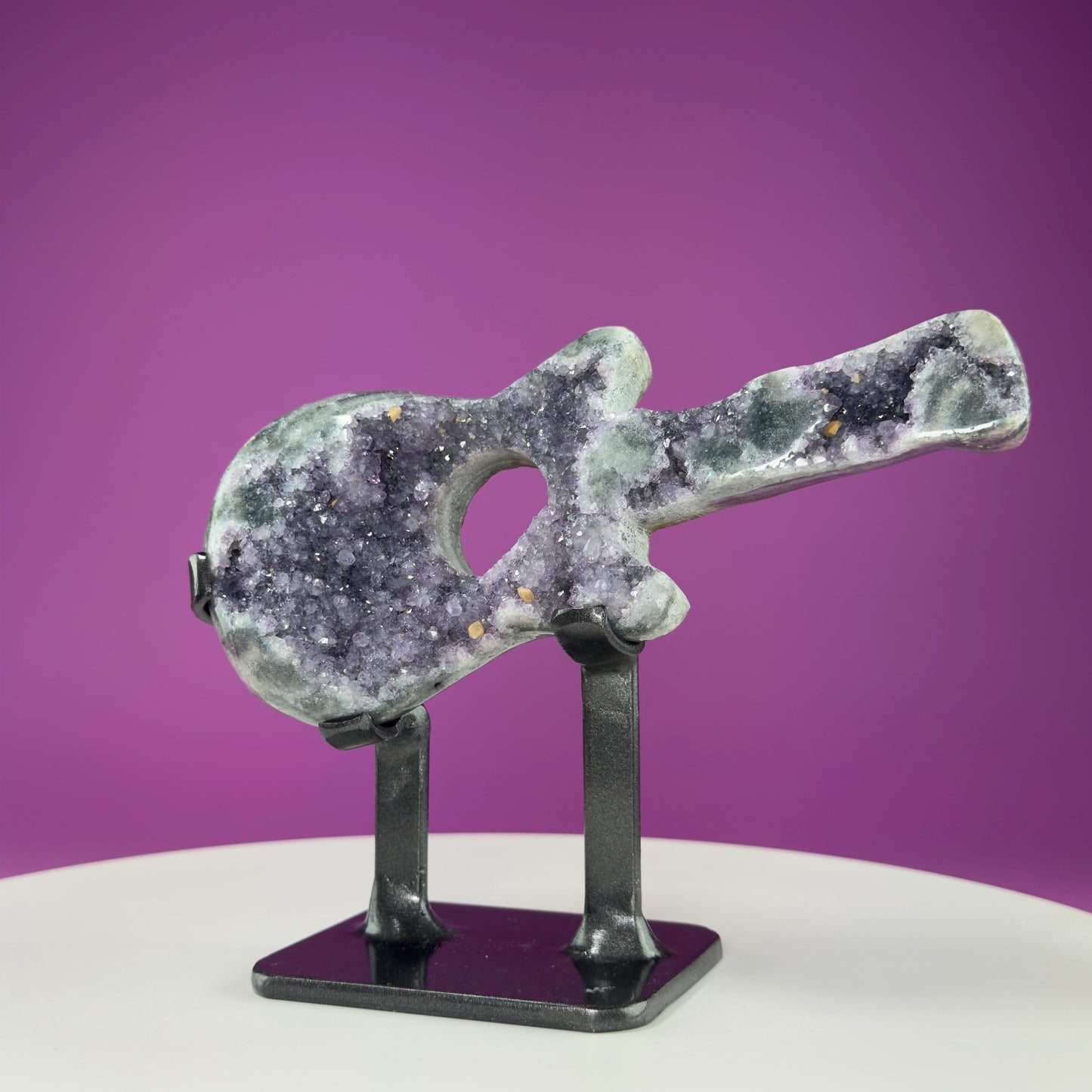 Amethyst Guitar Carving (Uruguay) (Includes Heavy Black Metal Custom Stand), Collectors Piece