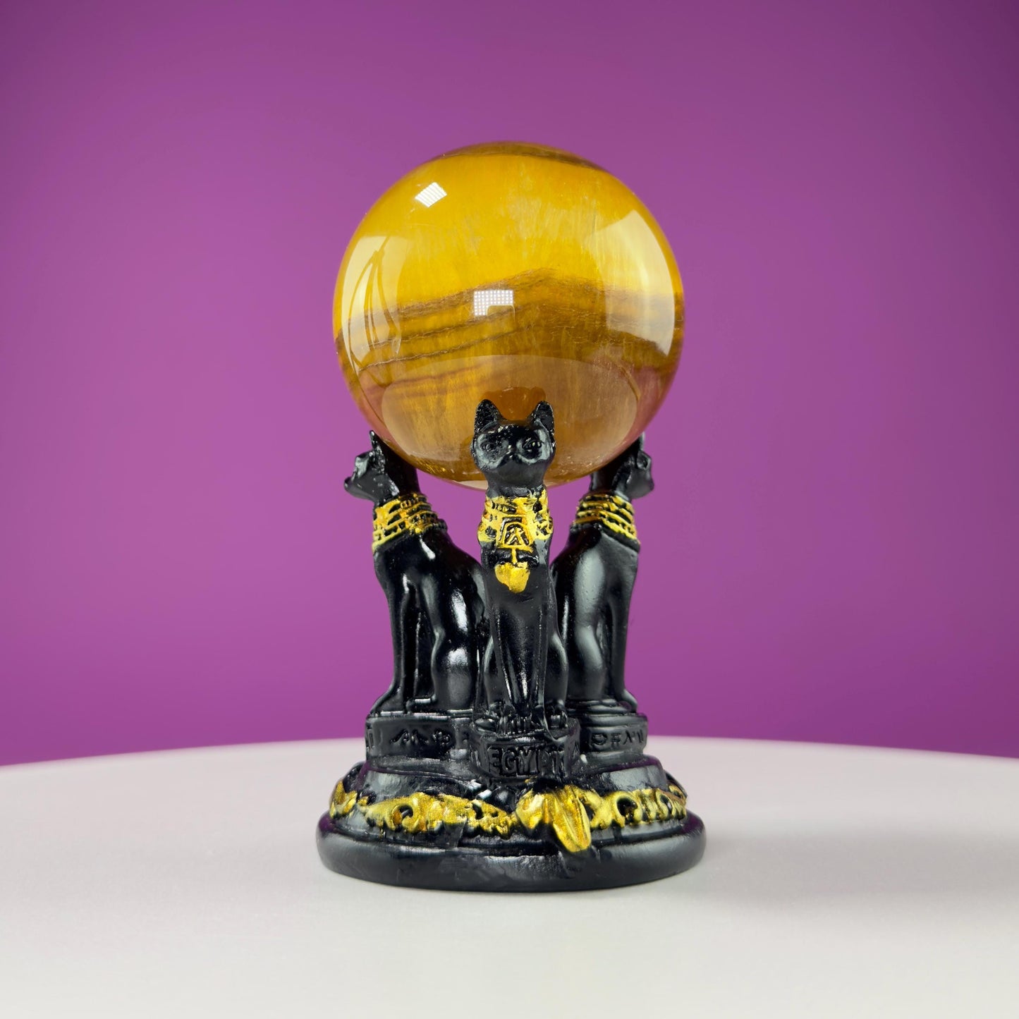 Yellow Fluorite Sphere and Egyptian Cat Stand