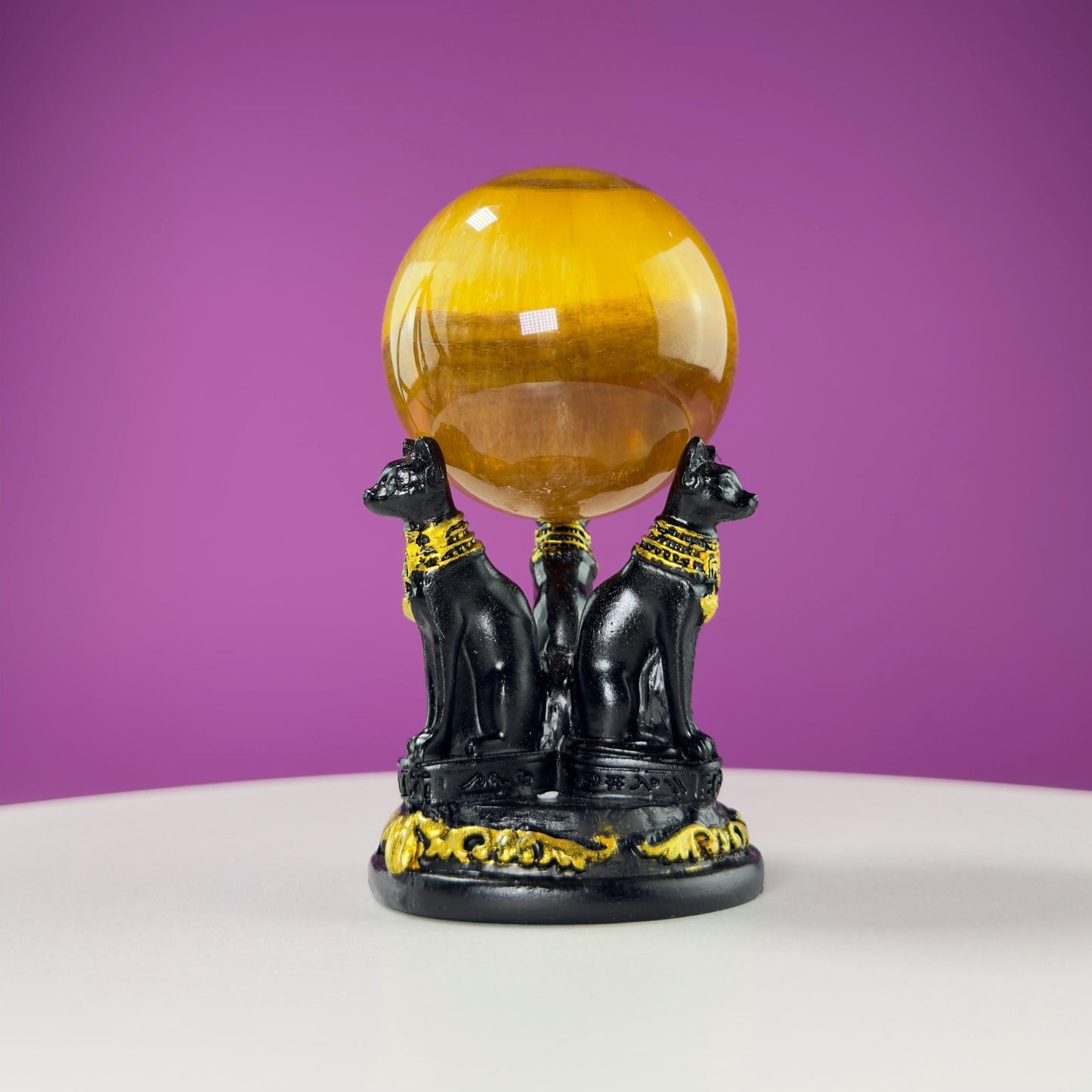 Yellow Fluorite Sphere and Egyptian Cat Stand