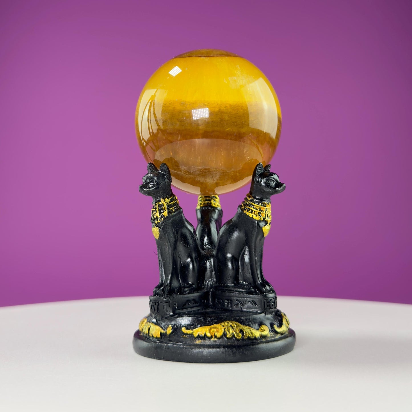 Yellow Fluorite Sphere and Egyptian Cat Stand