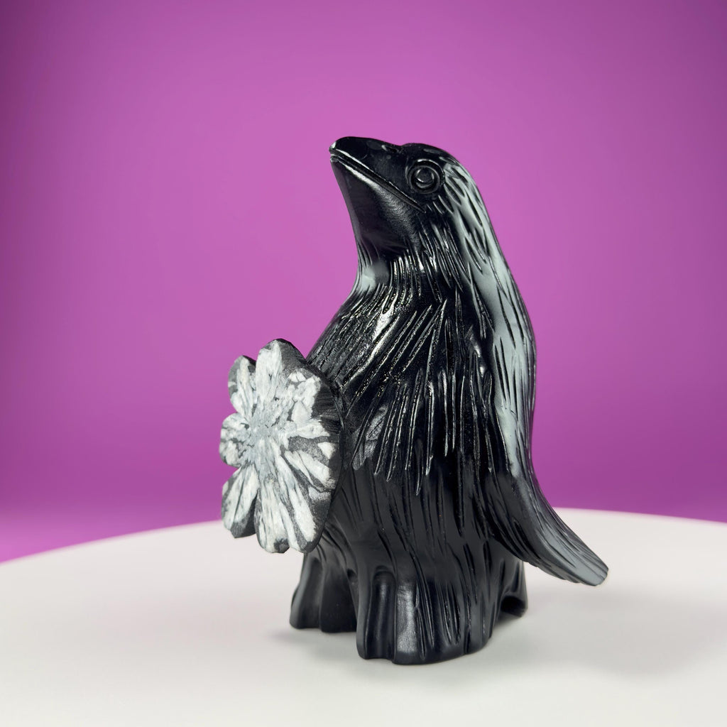 Chrysanthemum Stone Penguin Carving with Natural Flower Formation