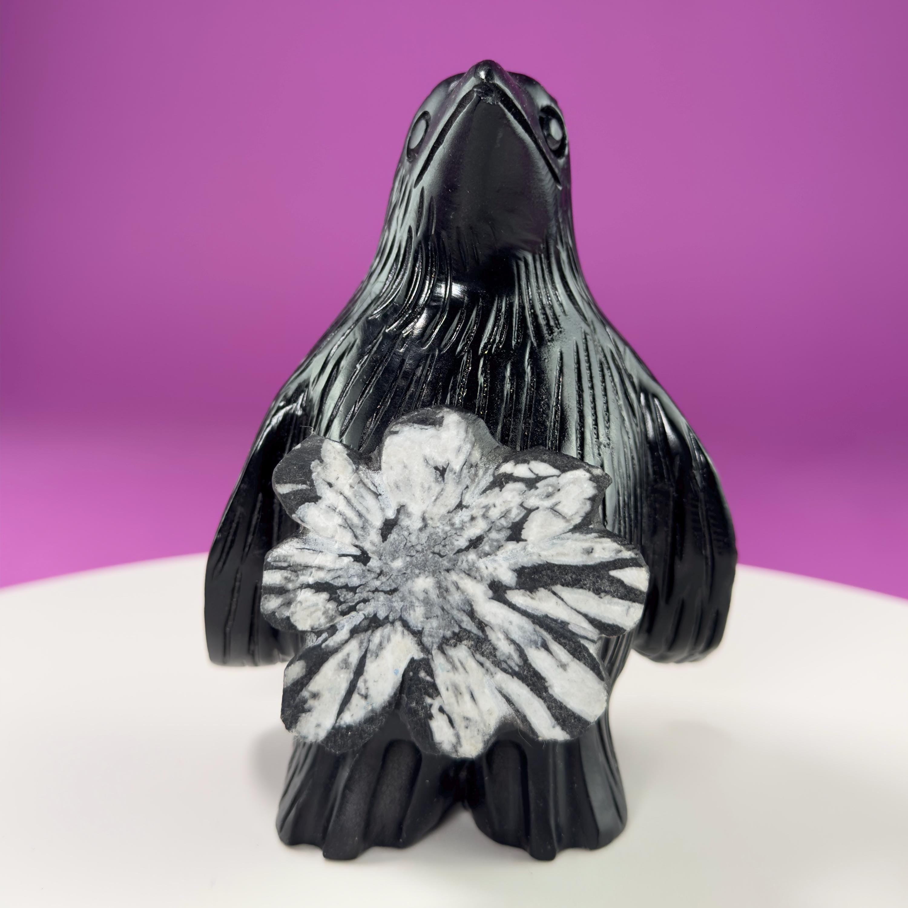 Chrysanthemum Stone Penguin Carving with Natural Flower Formation