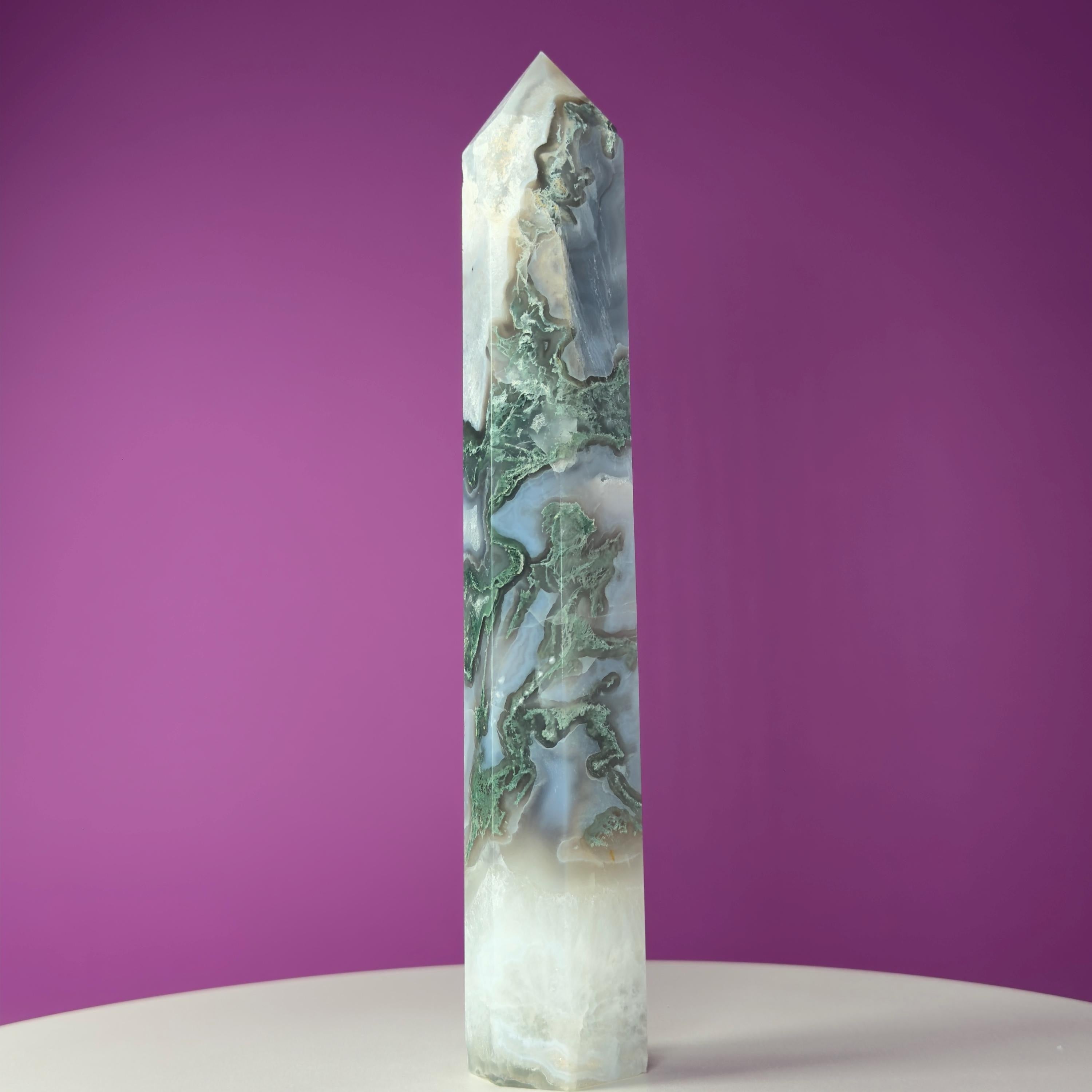 Moss Agate Tower with Druzy, 9 Inches Tall