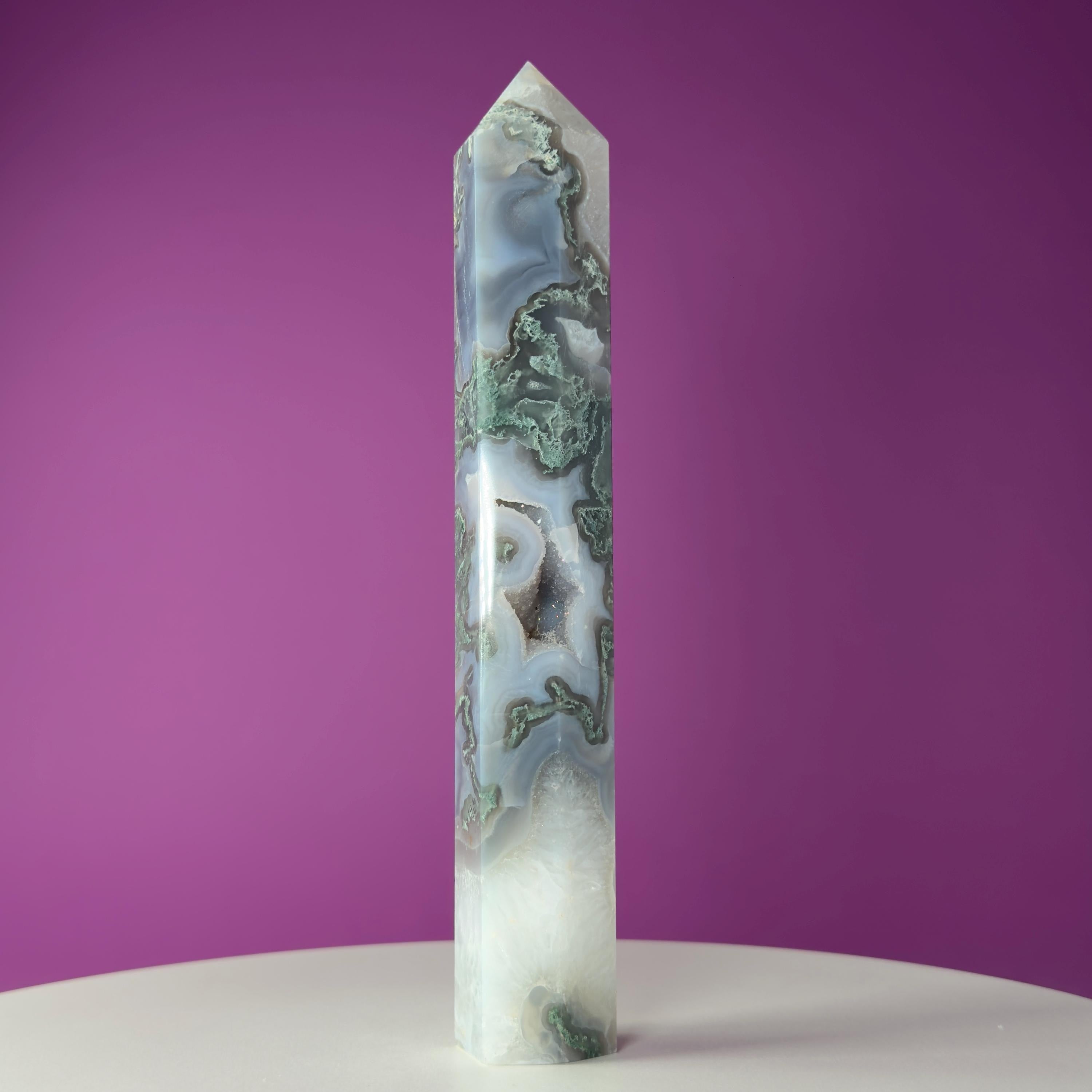 Moss Agate Tower with Druzy, 9 Inches Tall