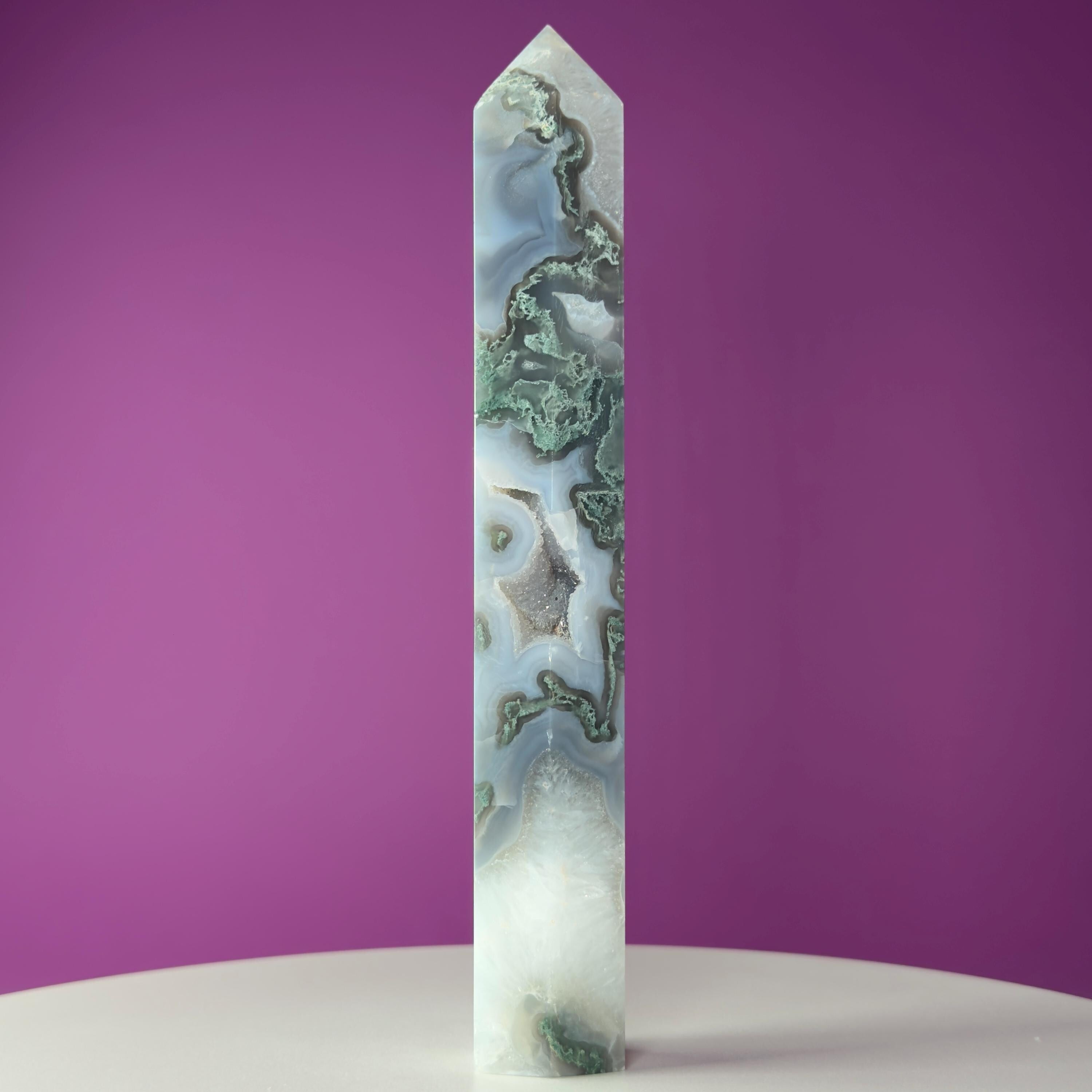 Moss Agate Tower with Druzy, 9 Inches Tall