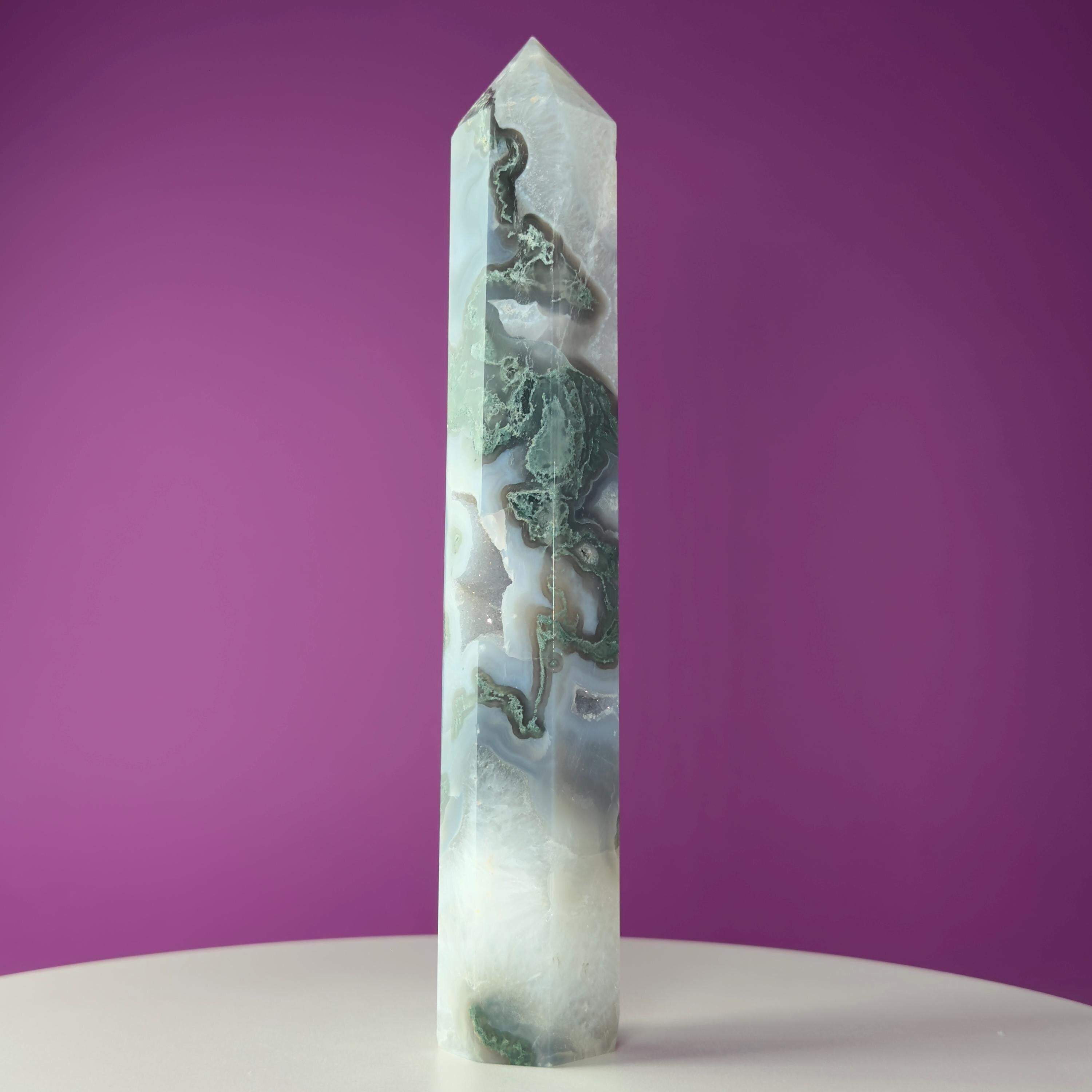 Moss Agate Tower with Druzy, 9 Inches Tall