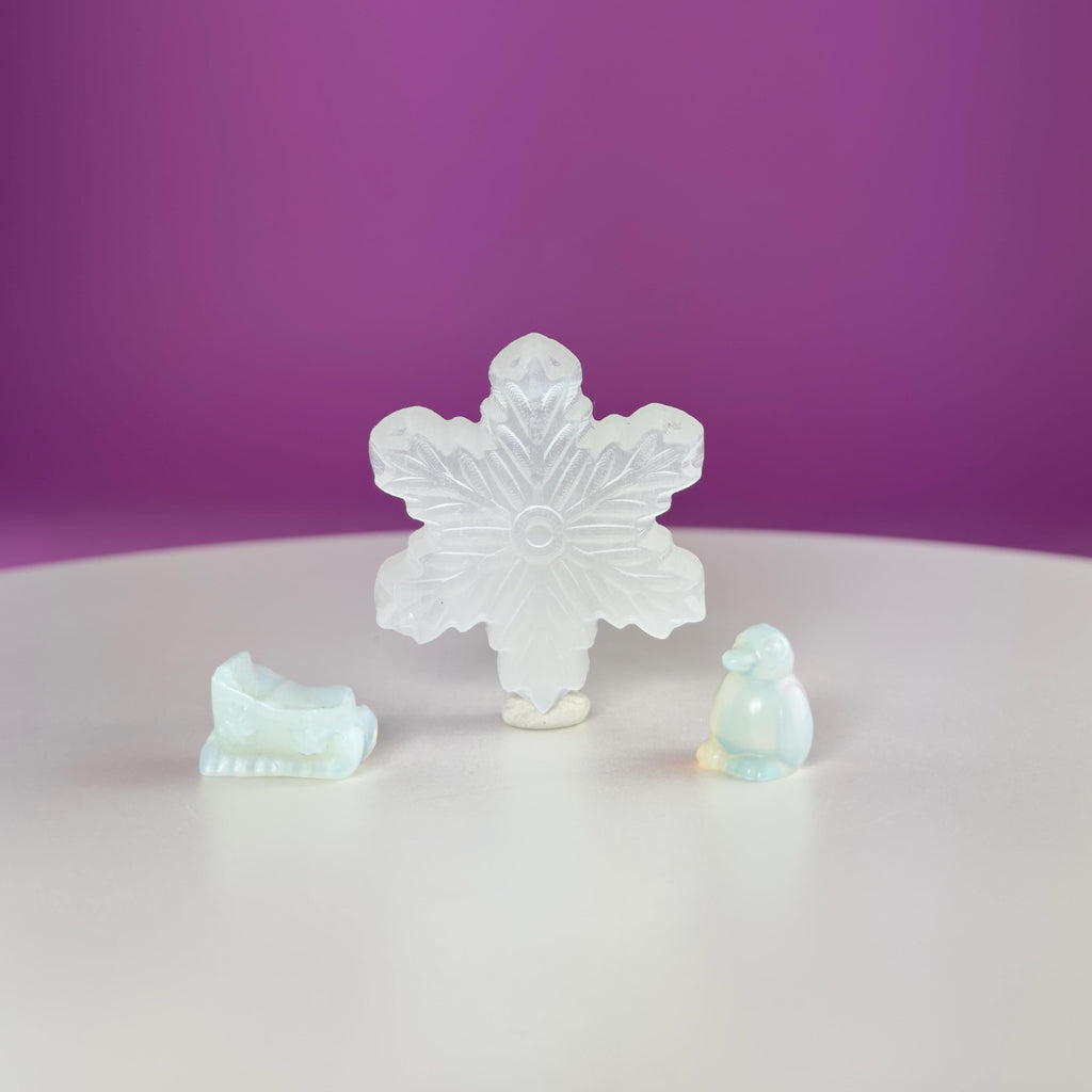 Gold Sheen Obsidian Palm Stone or Pocket Stone, Selenite Snowflake & Mini Opalite Sled or Penguin
