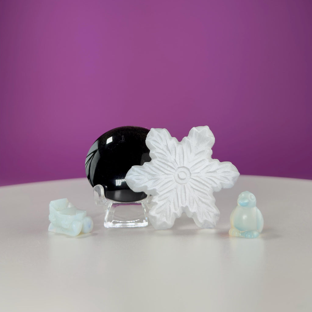 Gold Sheen Obsidian Palm Stone or Pocket Stone, Selenite Snowflake & Mini Opalite Sled or Penguin