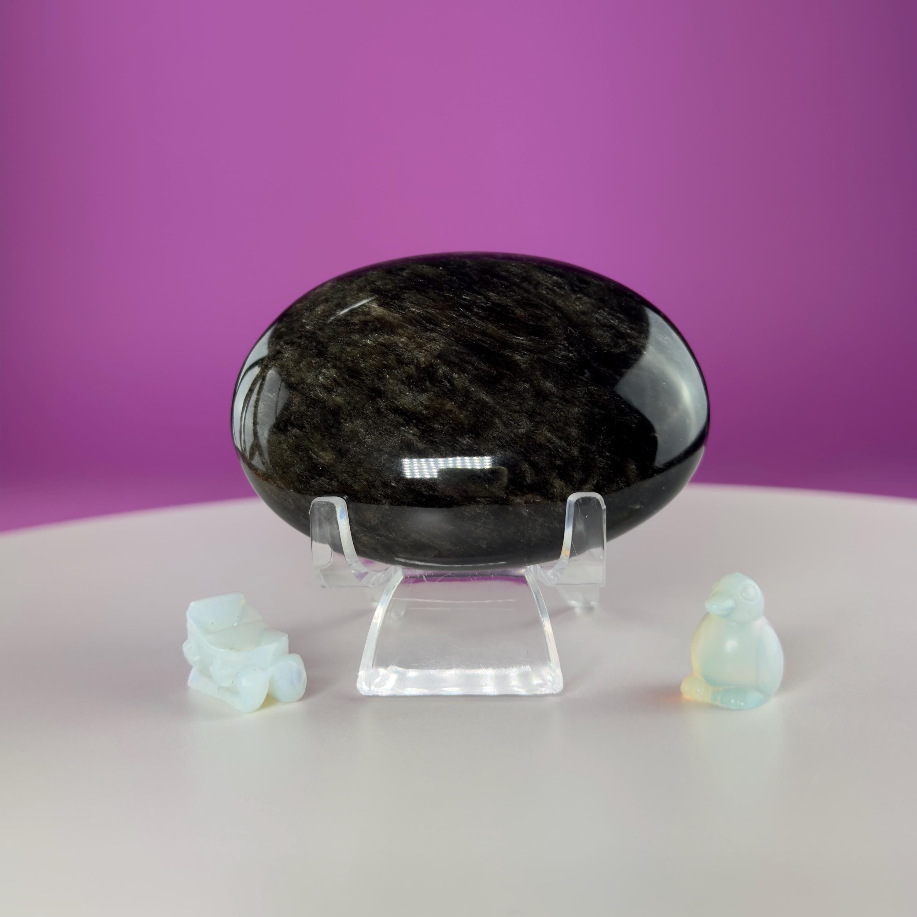 Gold Sheen Obsidian Palm Stone or Pocket Stone, Selenite Snowflake & Mini Opalite Sled or Penguin