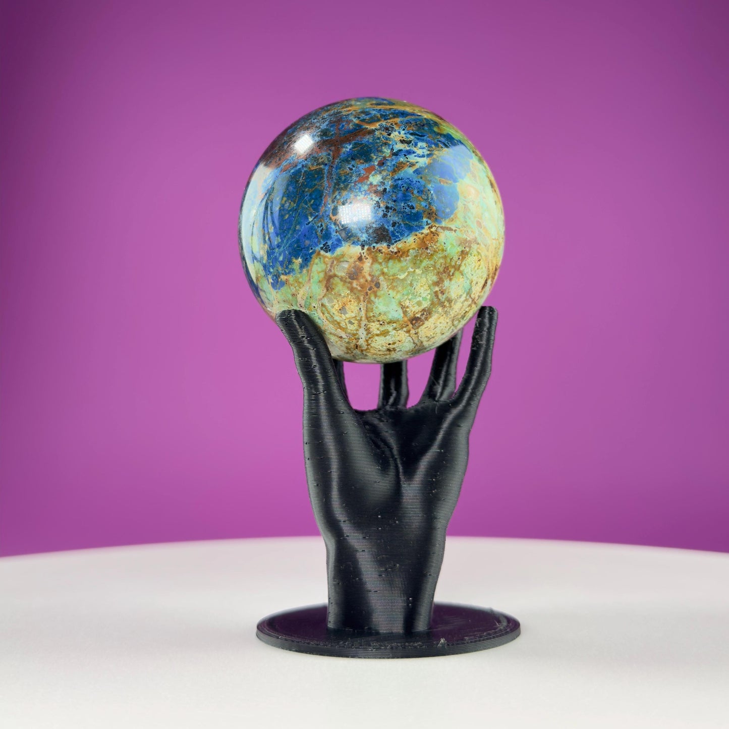 Azurite and Malachite Sphere and Black Hand Sphere Stand