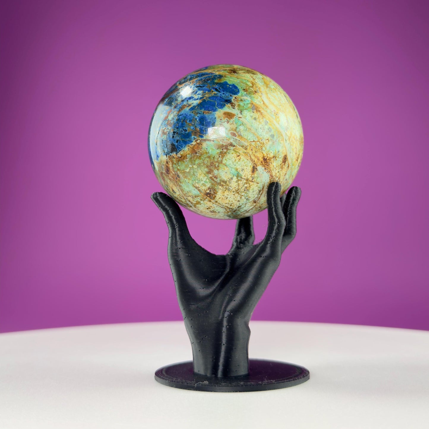 Azurite and Malachite Sphere and Black Hand Sphere Stand