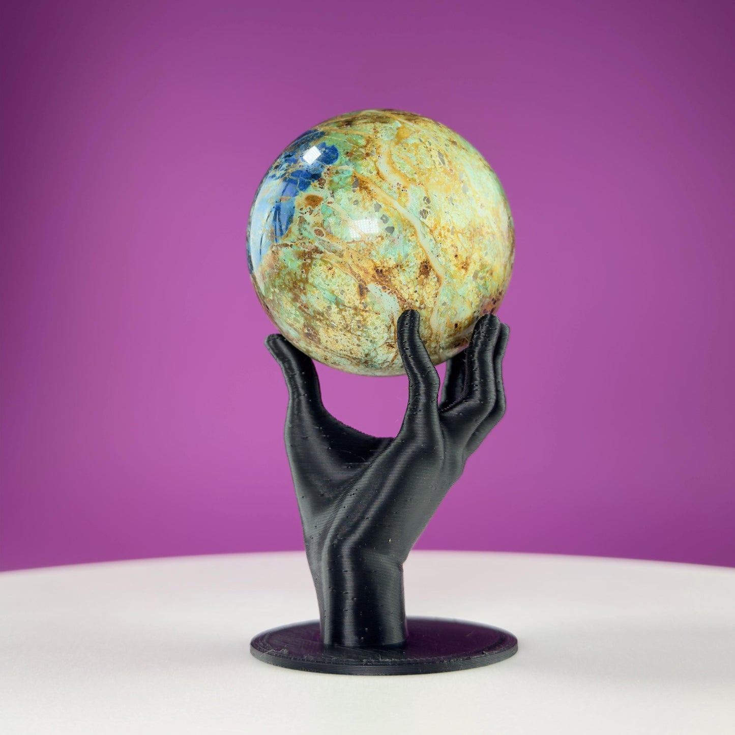 Azurite and Malachite Sphere and Black Hand Sphere Stand