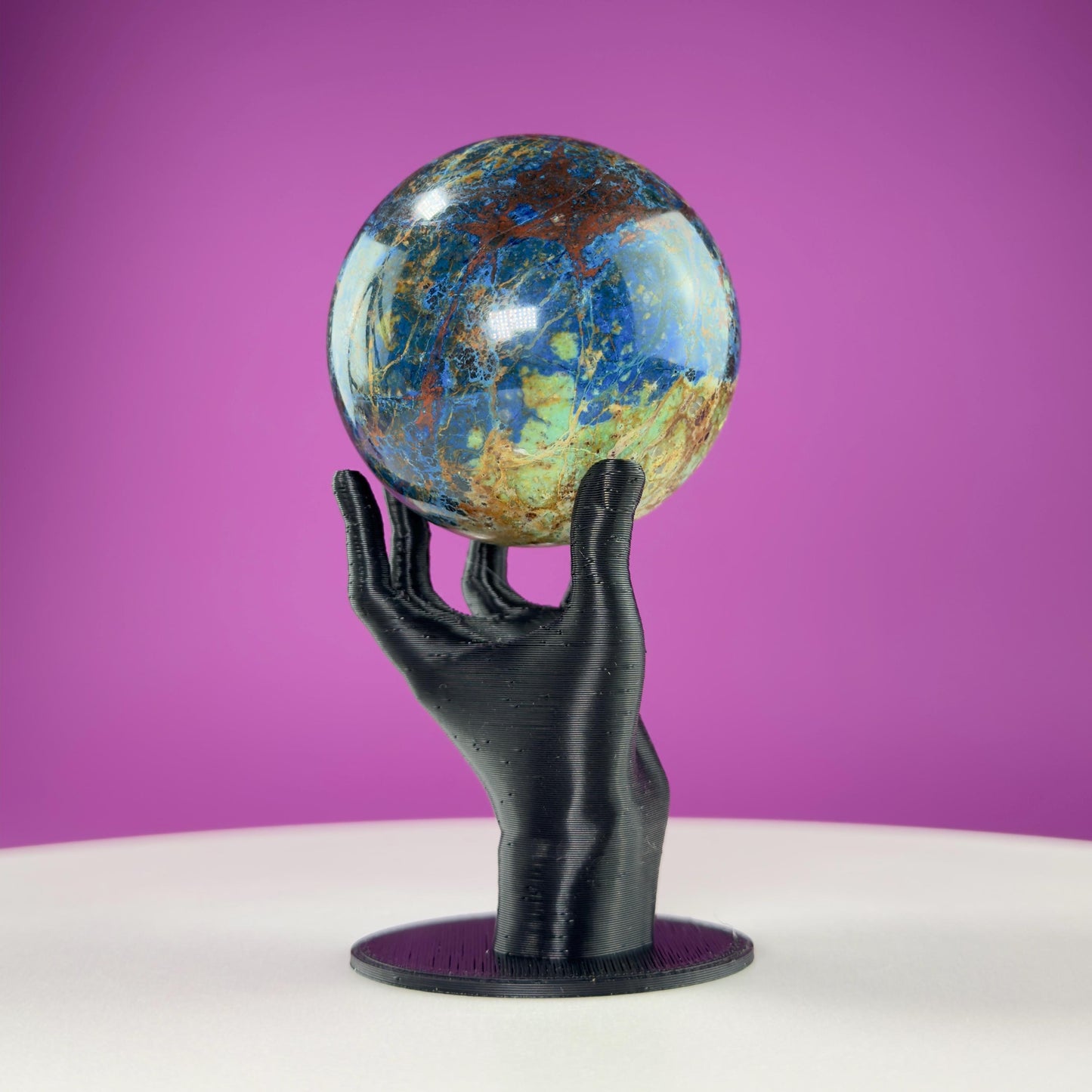 Azurite and Malachite Sphere and Black Hand Sphere Stand