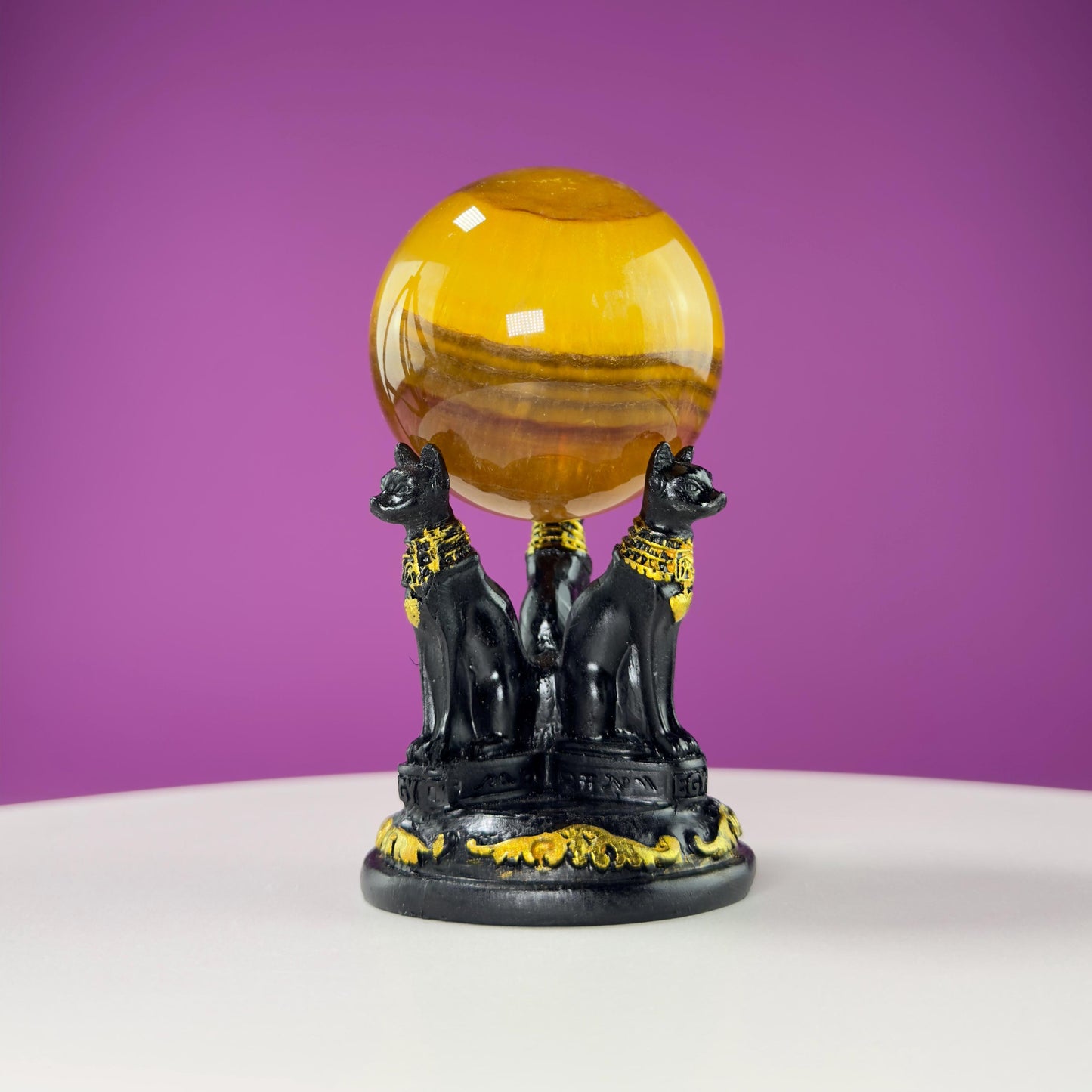 Yellow Fluorite Sphere and Egyptian Cat Stand