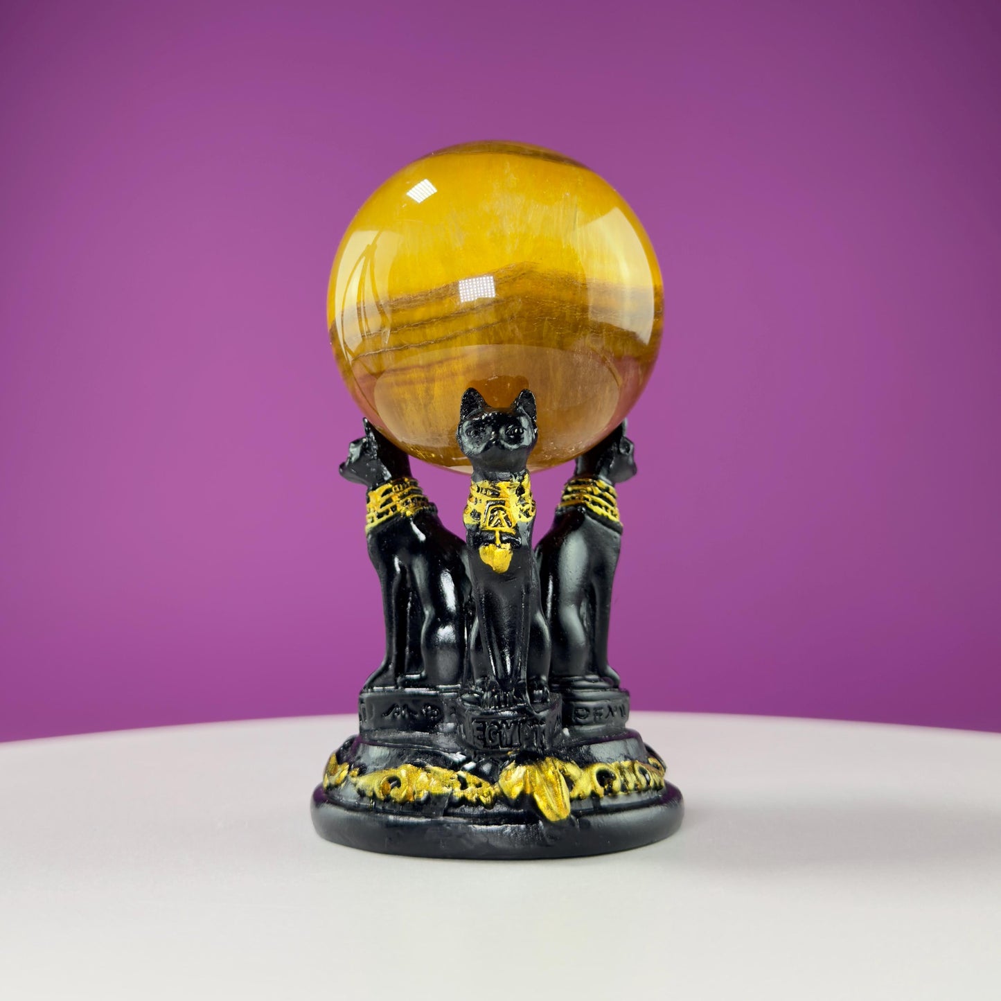 Yellow Fluorite Sphere and Egyptian Cat Stand