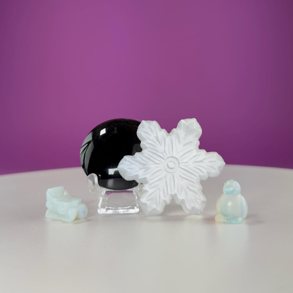 Gold Sheen Obsidian Palm Stone or Pocket Stone, Selenite Snowflake & Mini Opalite Sled or Penguin