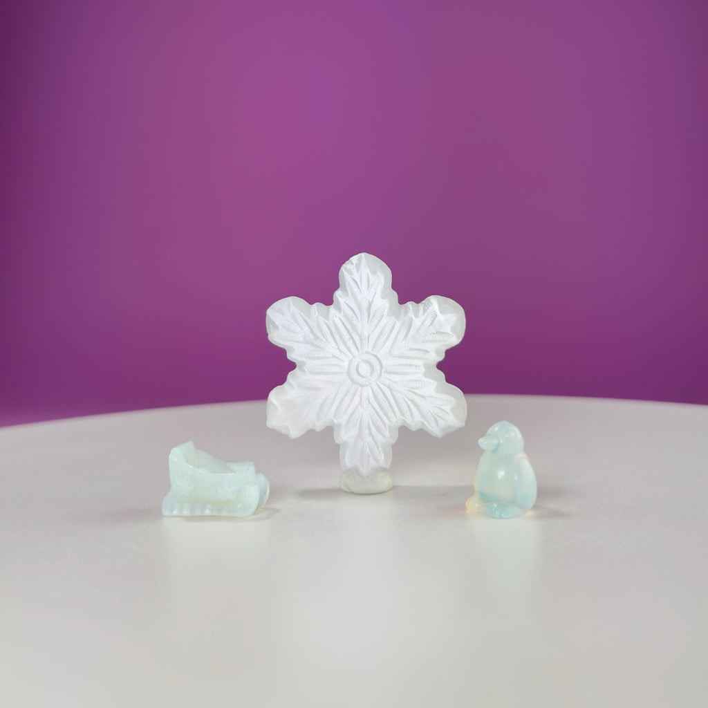 Gold Sheen Obsidian Palm Stone or Pocket Stone, Selenite Snowflake & Mini Opalite Sled or Penguin