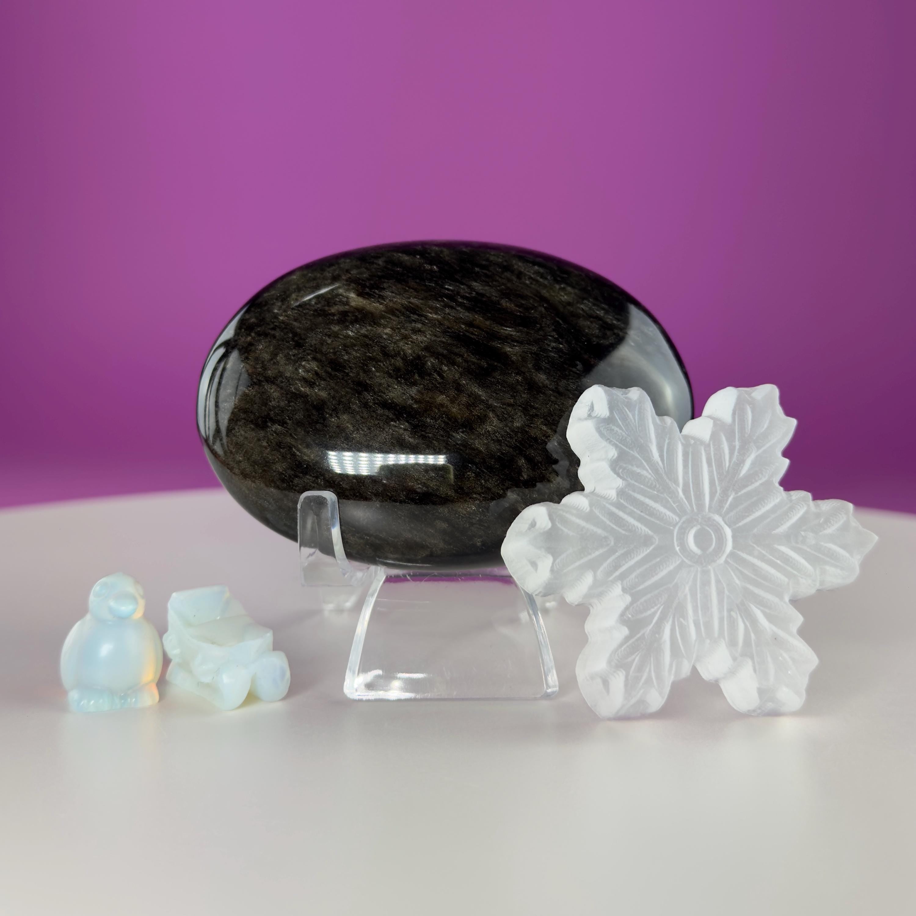 Gold Sheen Obsidian Palm Stone or Pocket Stone, Selenite Snowflake & Mini Opalite Sled or Penguin