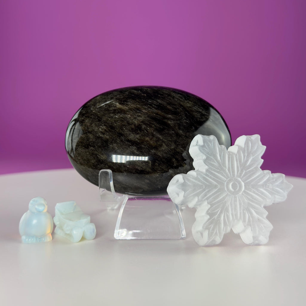 Gold Sheen Obsidian Palm Stone or Pocket Stone, Selenite Snowflake & Mini Opalite Sled or Penguin