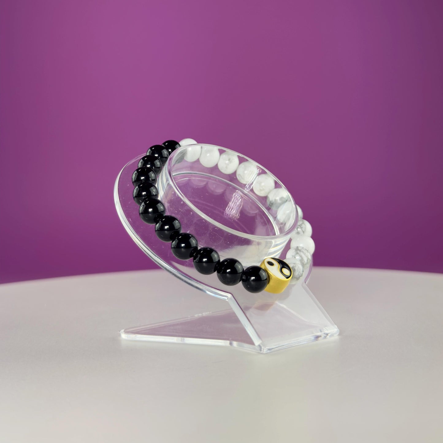 Howlite and Black Obsidian Bracelet with Yin Yang Symbol-8 Millimeters