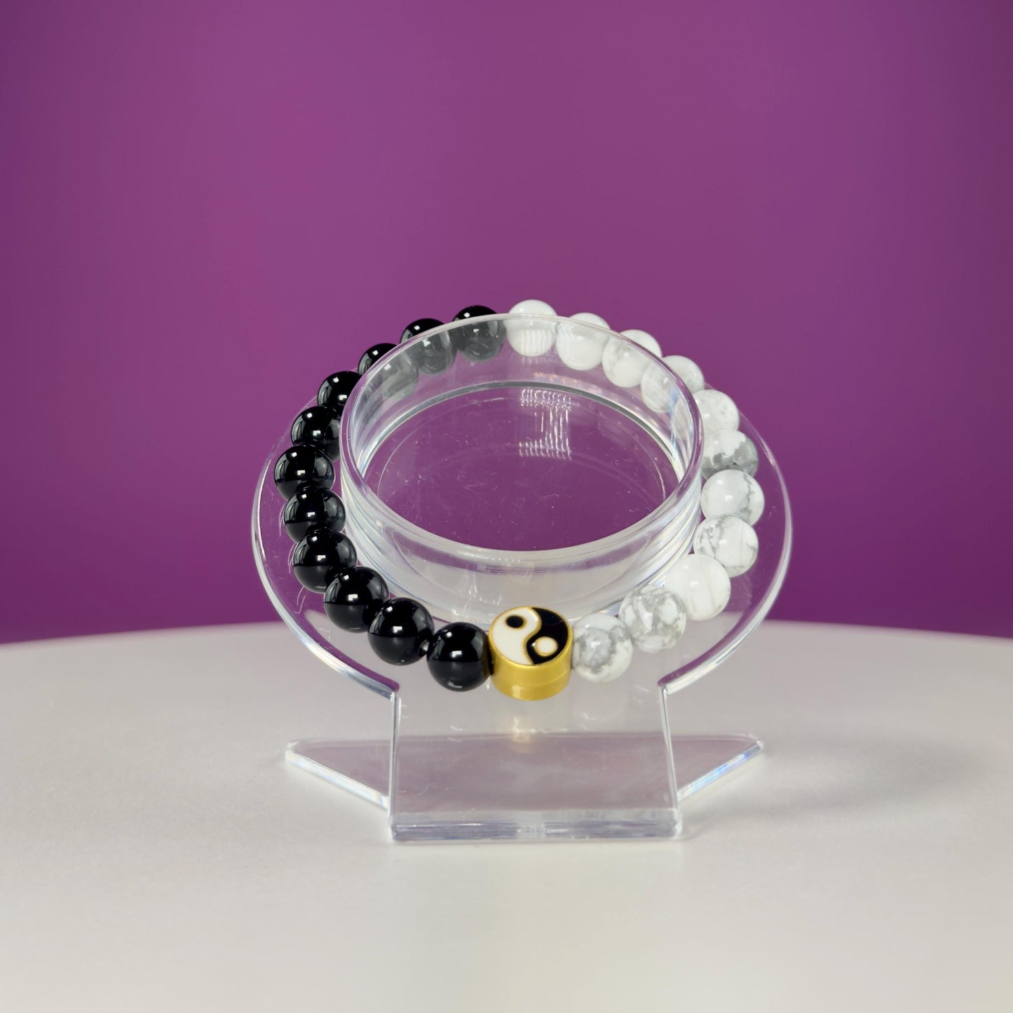 Howlite and Black Obsidian Bracelet with Yin Yang Symbol-8 Millimeters