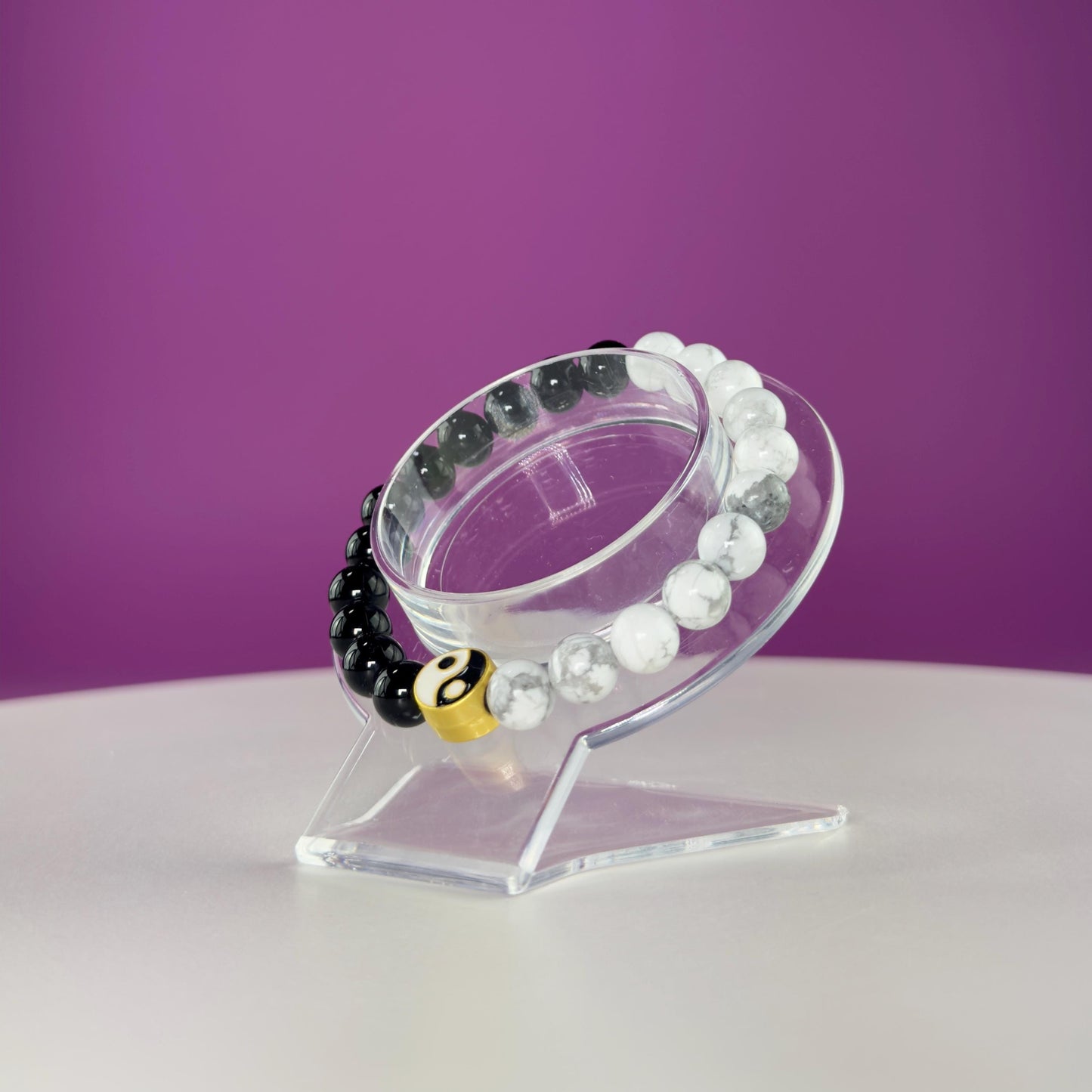 Howlite and Black Obsidian Bracelet with Yin Yang Symbol-8 Millimeters