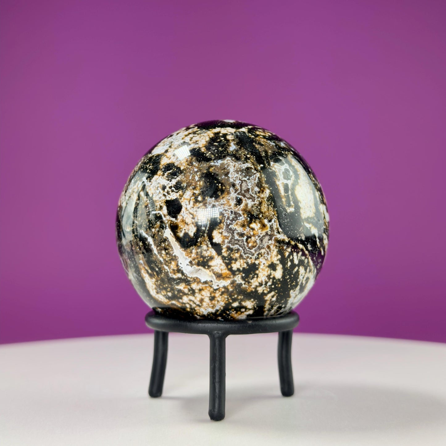 Sea Jasper Sphere on Black Wrought Iron Stand