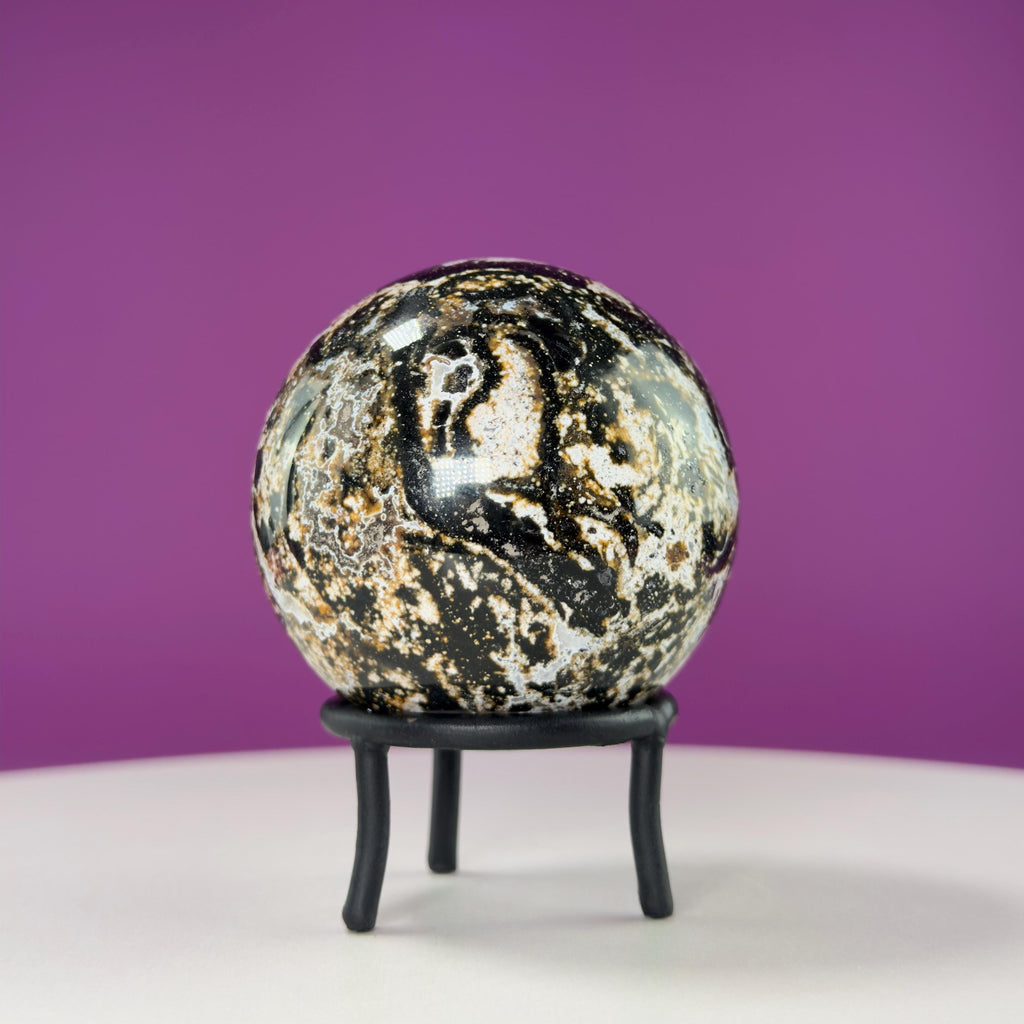 Sea Jasper Sphere on Black Wrought Iron Stand
