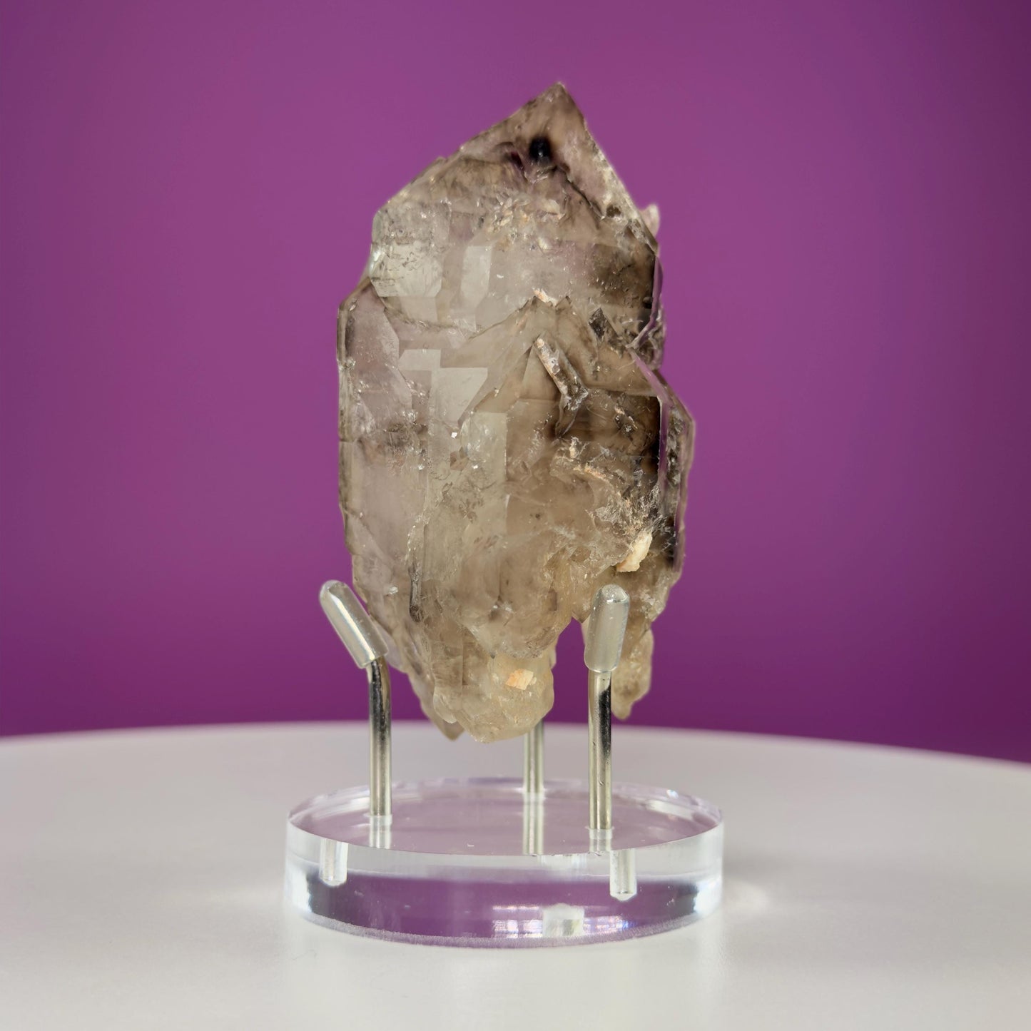 Smoky Quartz Elestial Specimen (Includes Silver Metal/Acrylic Stand)