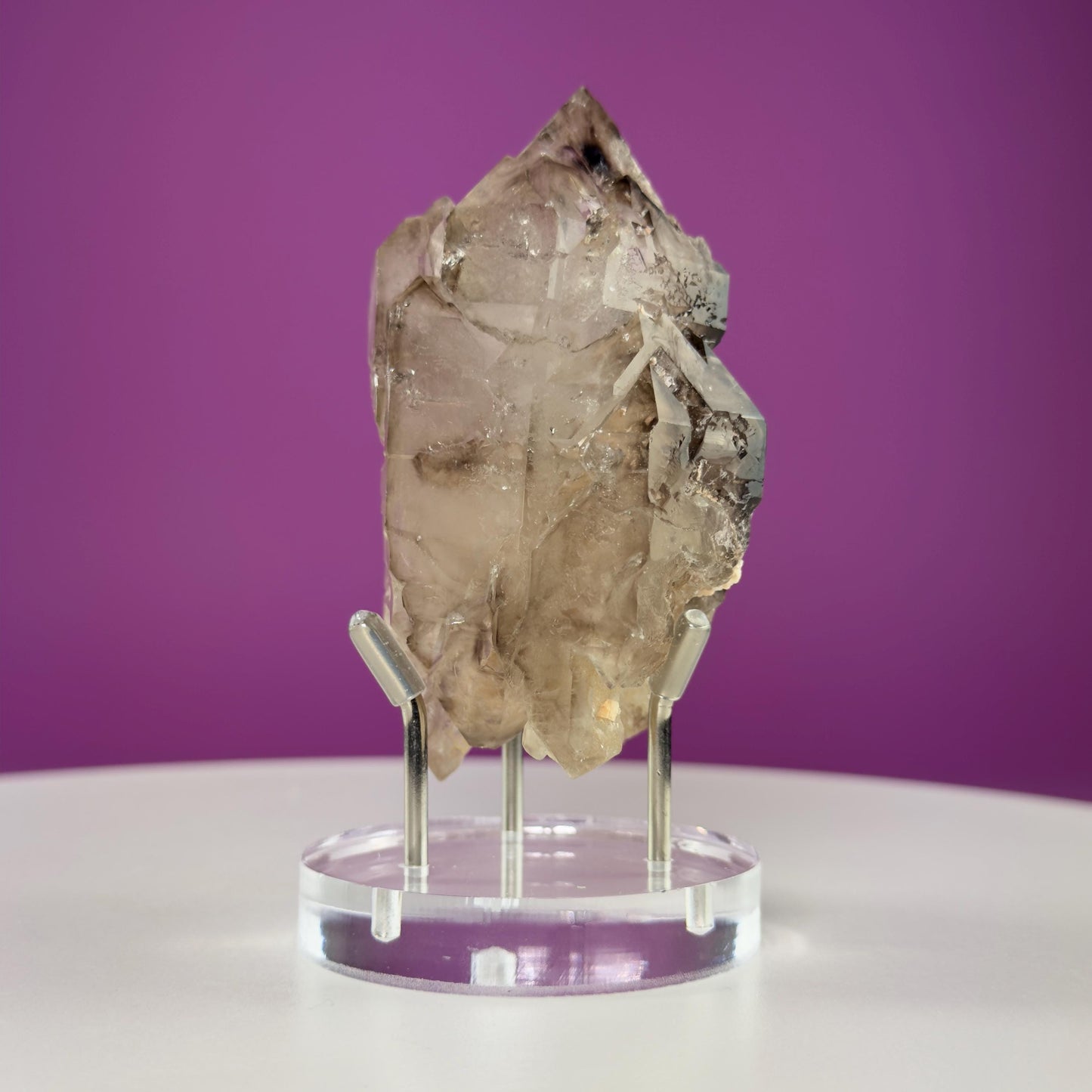 Smoky Quartz Elestial Specimen (Includes Silver Metal/Acrylic Stand)