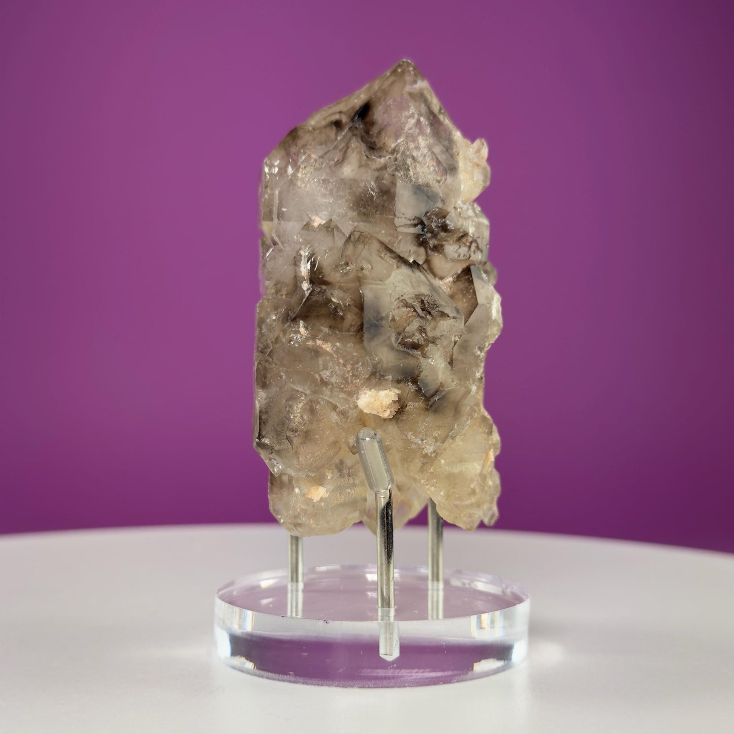 Smoky Quartz Elestial Specimen (Includes Silver Metal/Acrylic Stand)