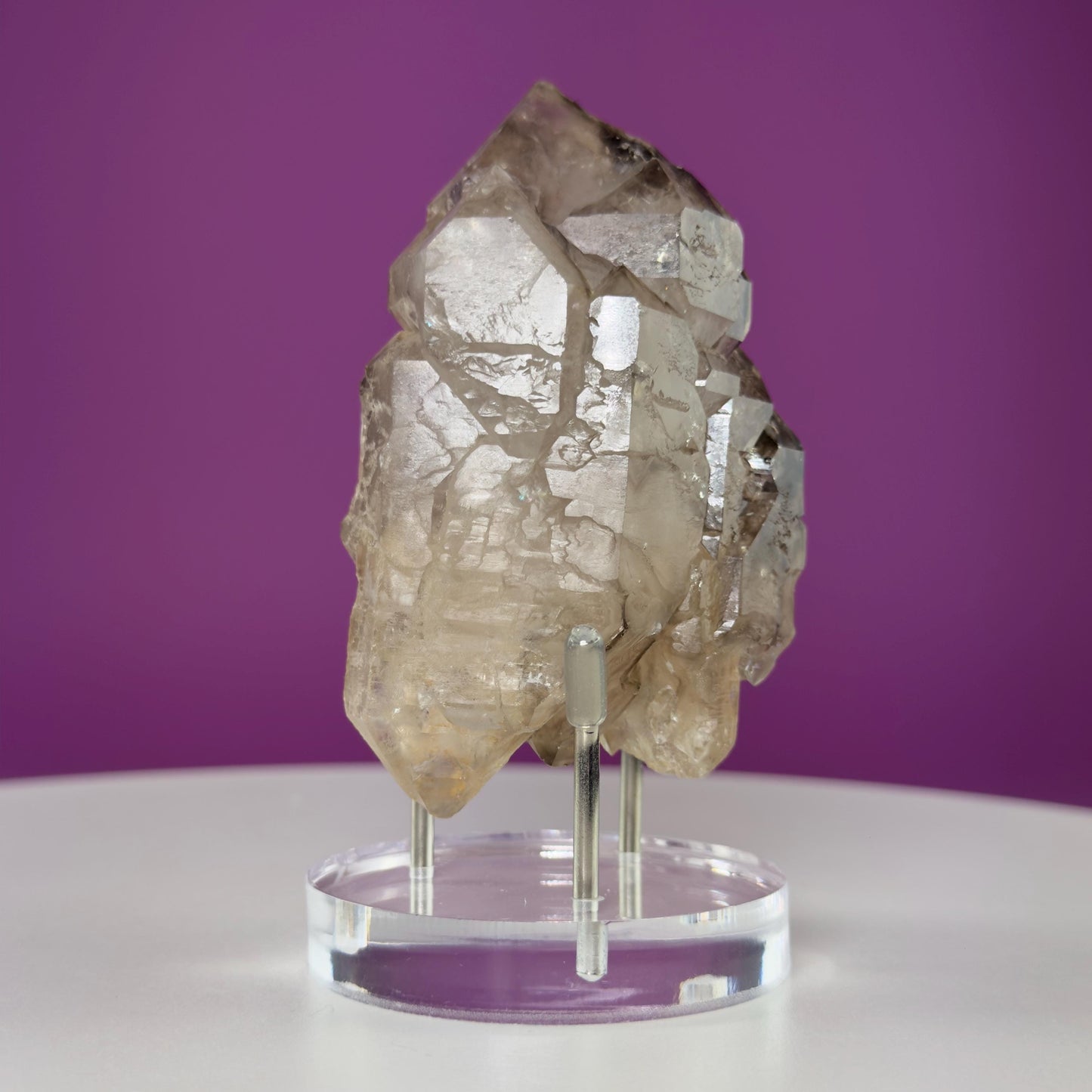Smoky Quartz Elestial Specimen (Includes Silver Metal/Acrylic Stand)