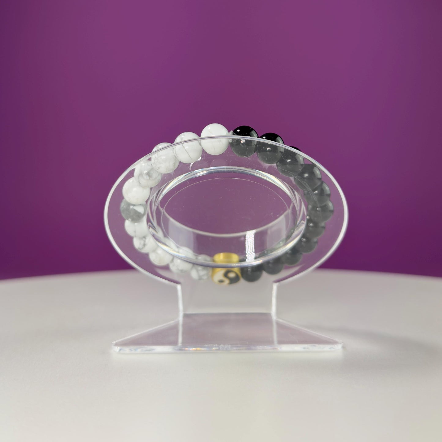 Howlite and Black Obsidian Bracelet with Yin Yang Symbol-8 Millimeters