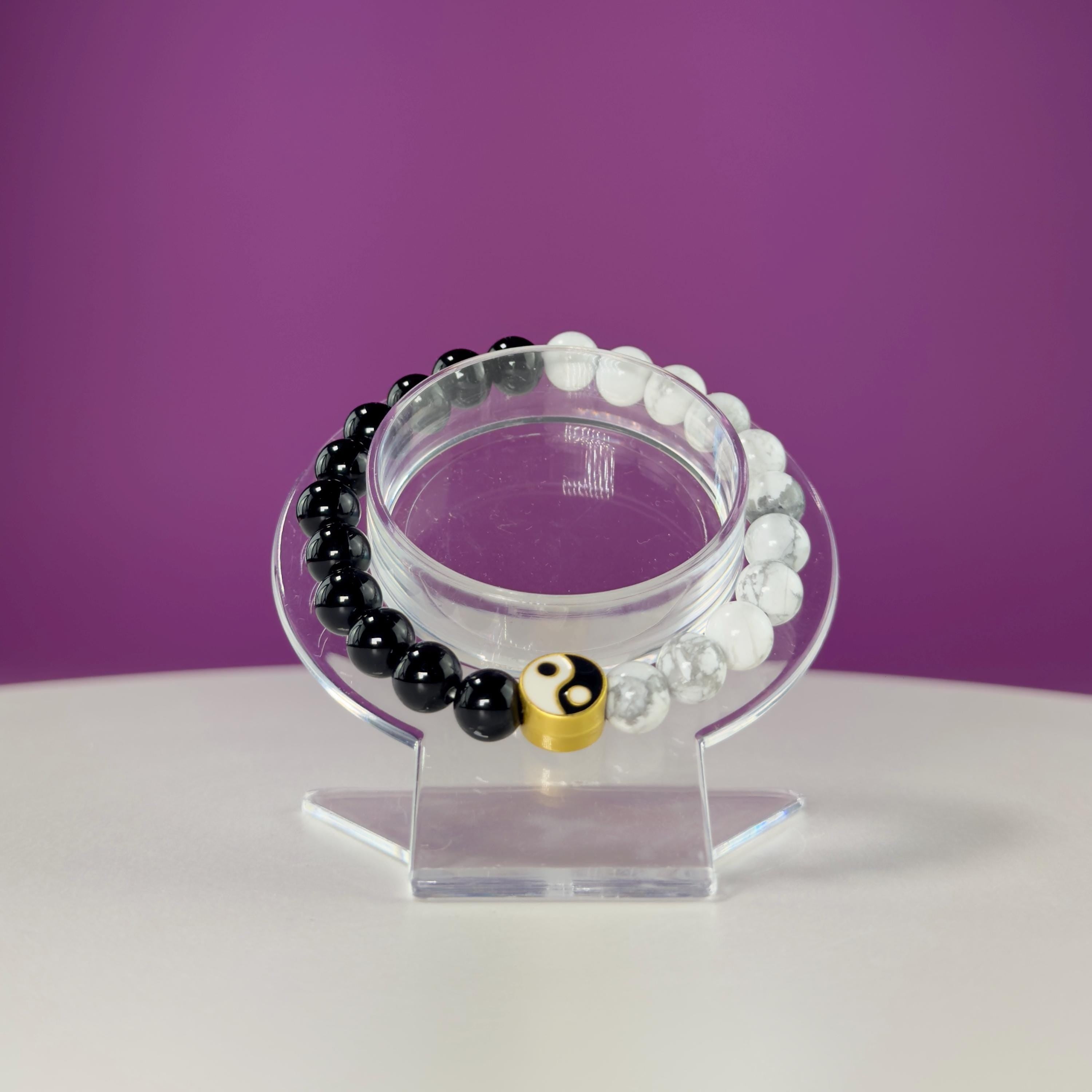 Howlite and Black Obsidian Bracelet with Yin Yang Symbol-8 Millimeters