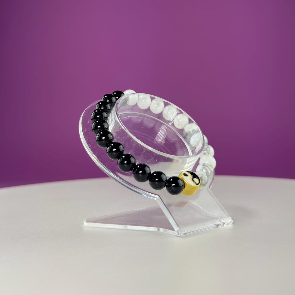 Howlite Black Obsidian Bracelet Yin Yang 8mm Balance Stone Stretch Beaded Bracelet