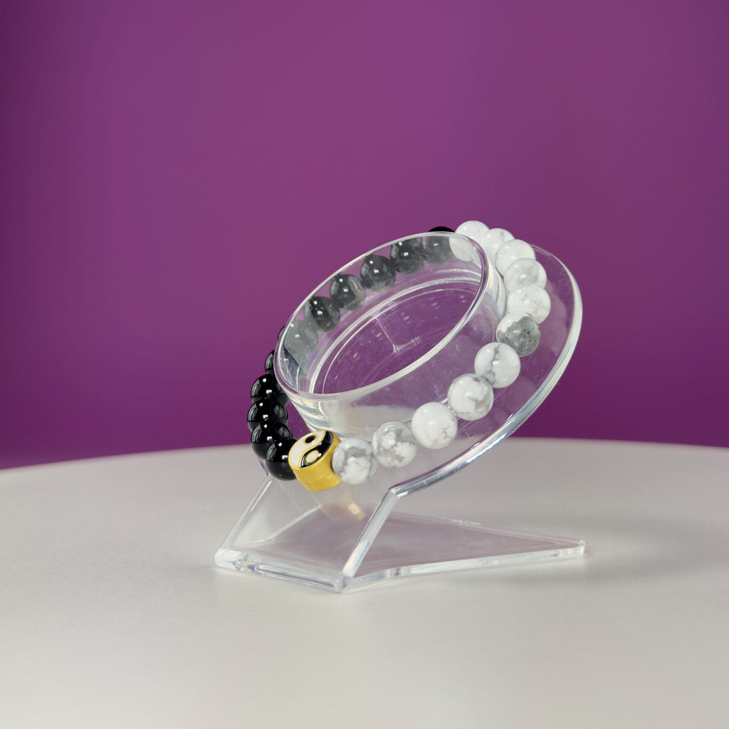 Howlite Black Obsidian Bracelet Yin Yang 8mm Balance Stone Stretch Beaded Bracelet
