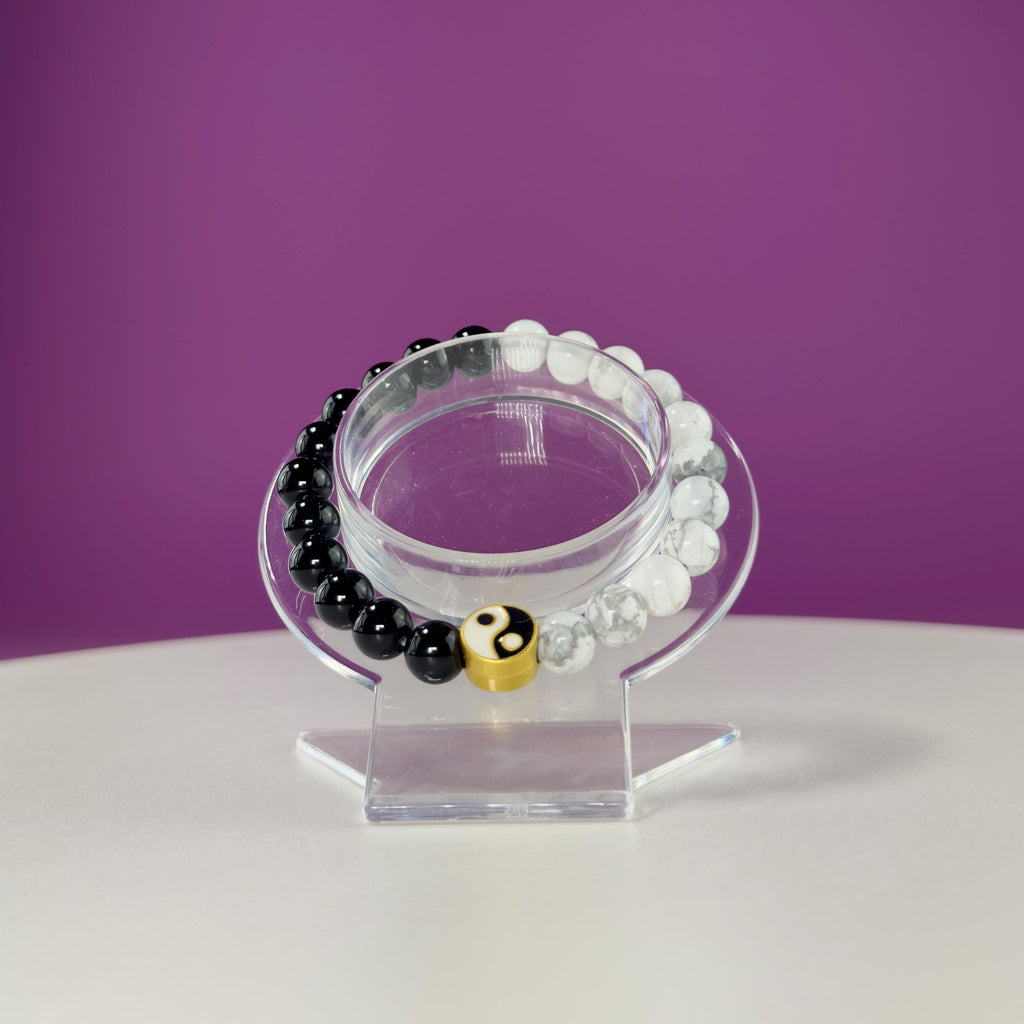 Howlite Black Obsidian Bracelet Yin Yang 8mm Balance Stone Stretch Beaded Bracelet