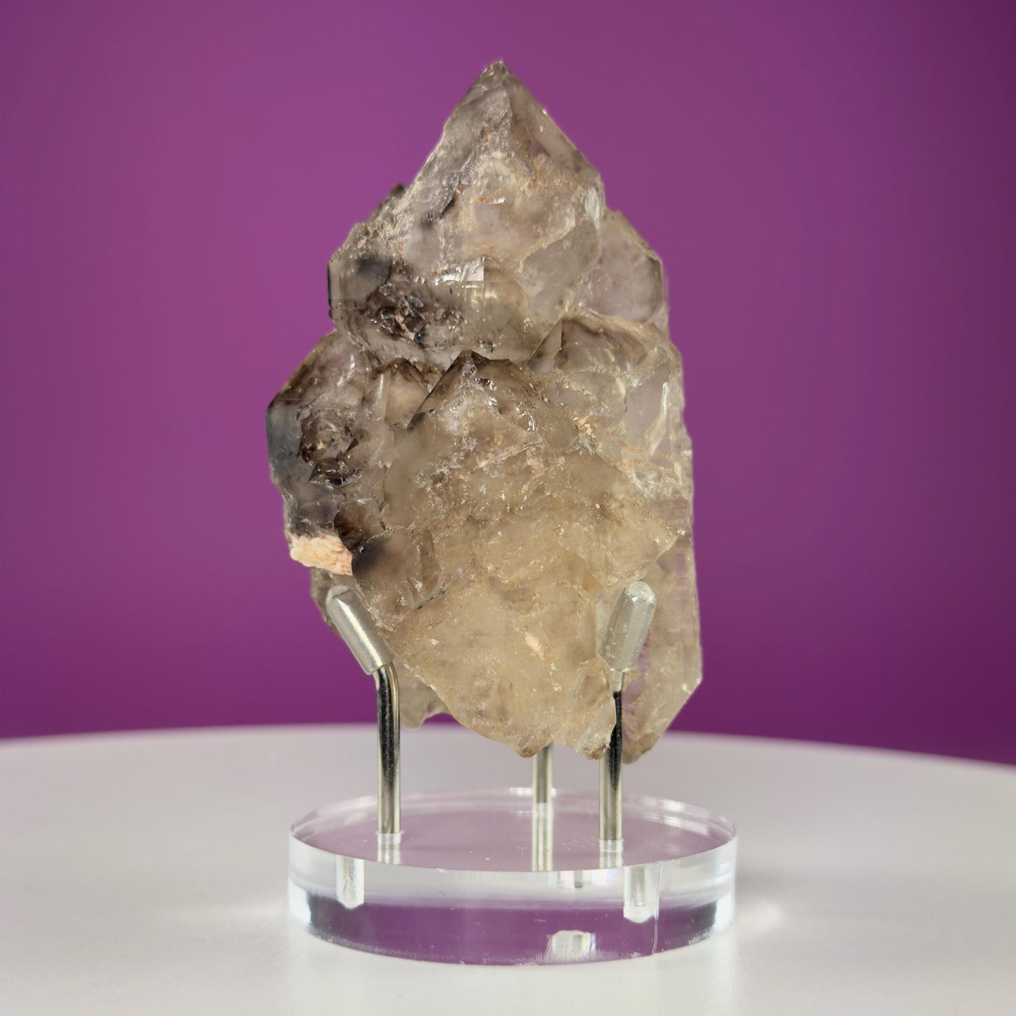 Smoky Quartz Elestial Specimen (Includes Silver Metal/Acrylic Stand)