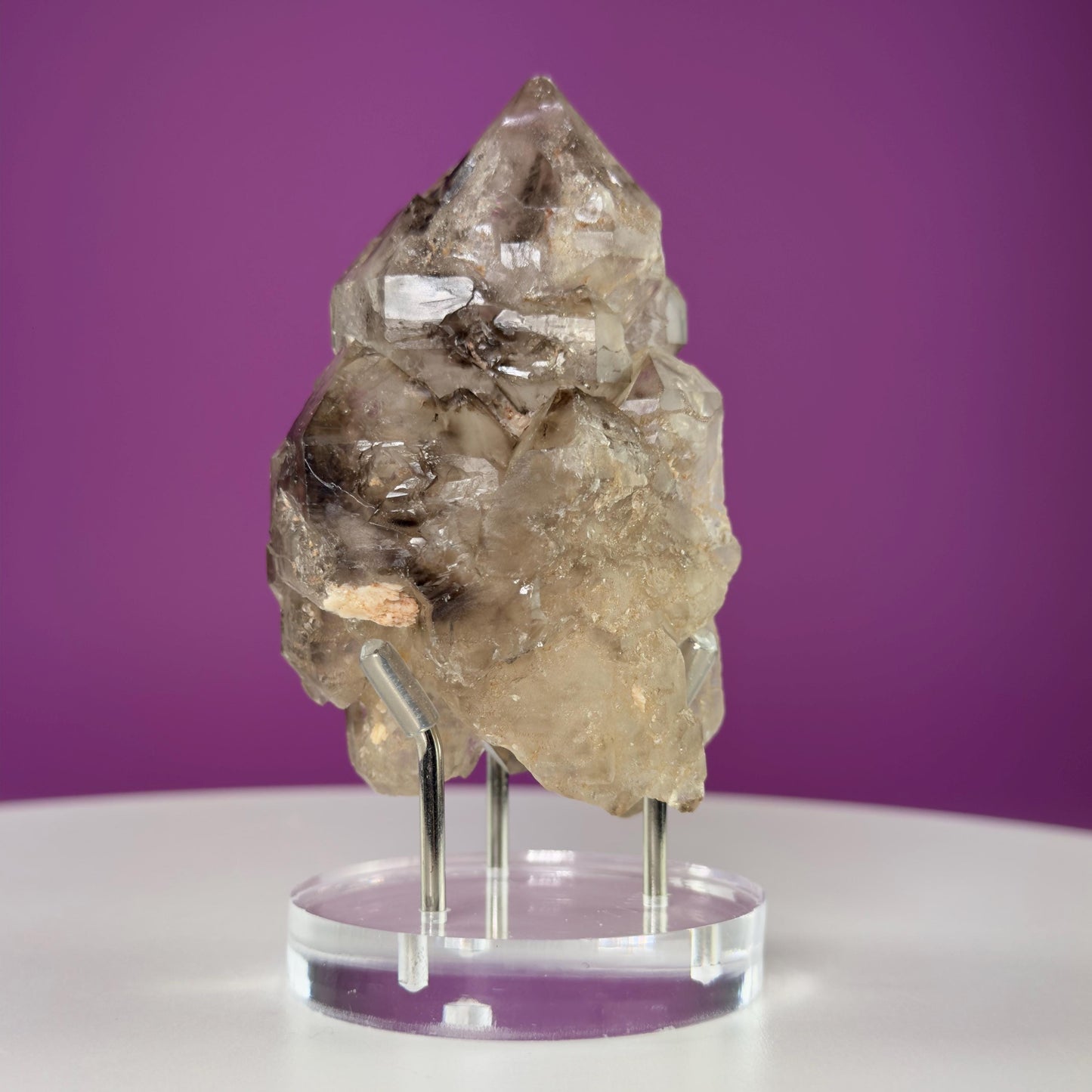 Smoky Quartz Elestial Specimen (Includes Silver Metal/Acrylic Stand)