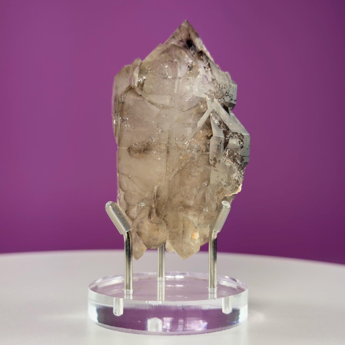 Smoky Quartz Elestial Specimen (Includes Silver Metal/Acrylic Stand)