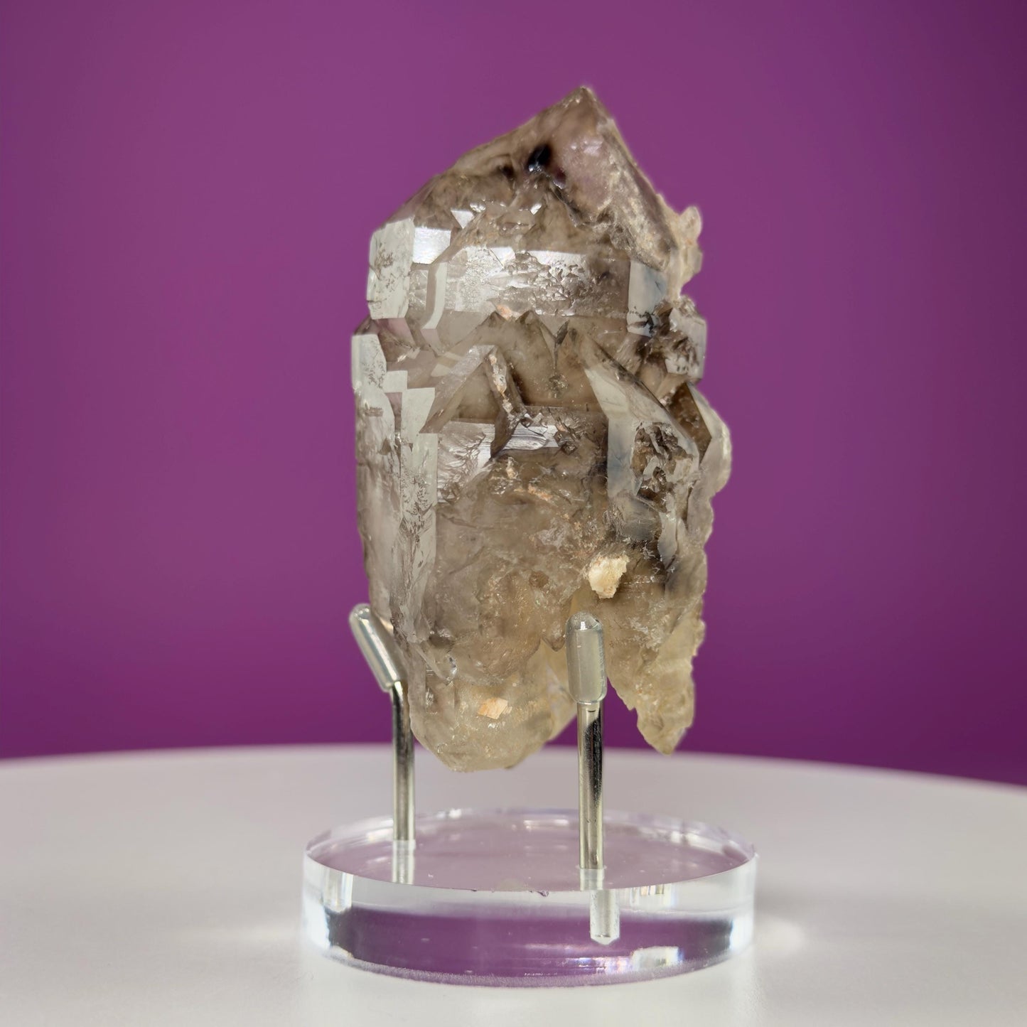Smoky Quartz Elestial Specimen (Includes Silver Metal/Acrylic Stand)
